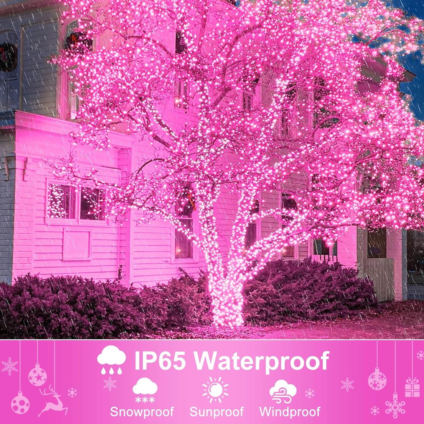 Christmas Lights Outdoor, 66FT 200 LED Christmas Tree Lights with 8 Modes Waterproof, Plug in Green Wire Connectable Twinkle String Light for Indoor Bedroom Patio Wedding Holiday Decor, Pink