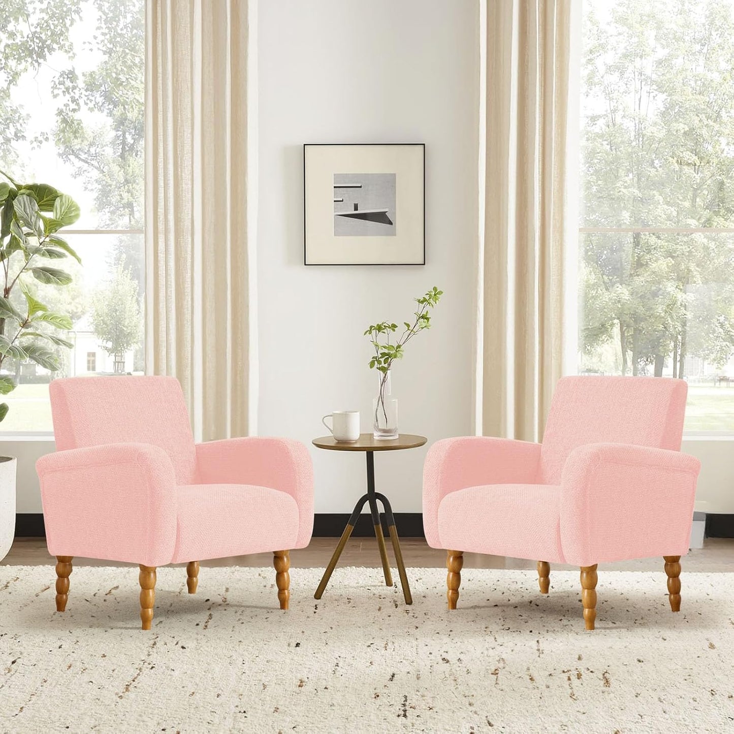 Chenille Fabric Accent Chair Set of 2, Upholstered Armchair with Solid Wood Legs, Modern Living Room Accent Chair, Comfy Single Sofa Chair Reading Club Chair for Bedroom Reception Lounge,Pink