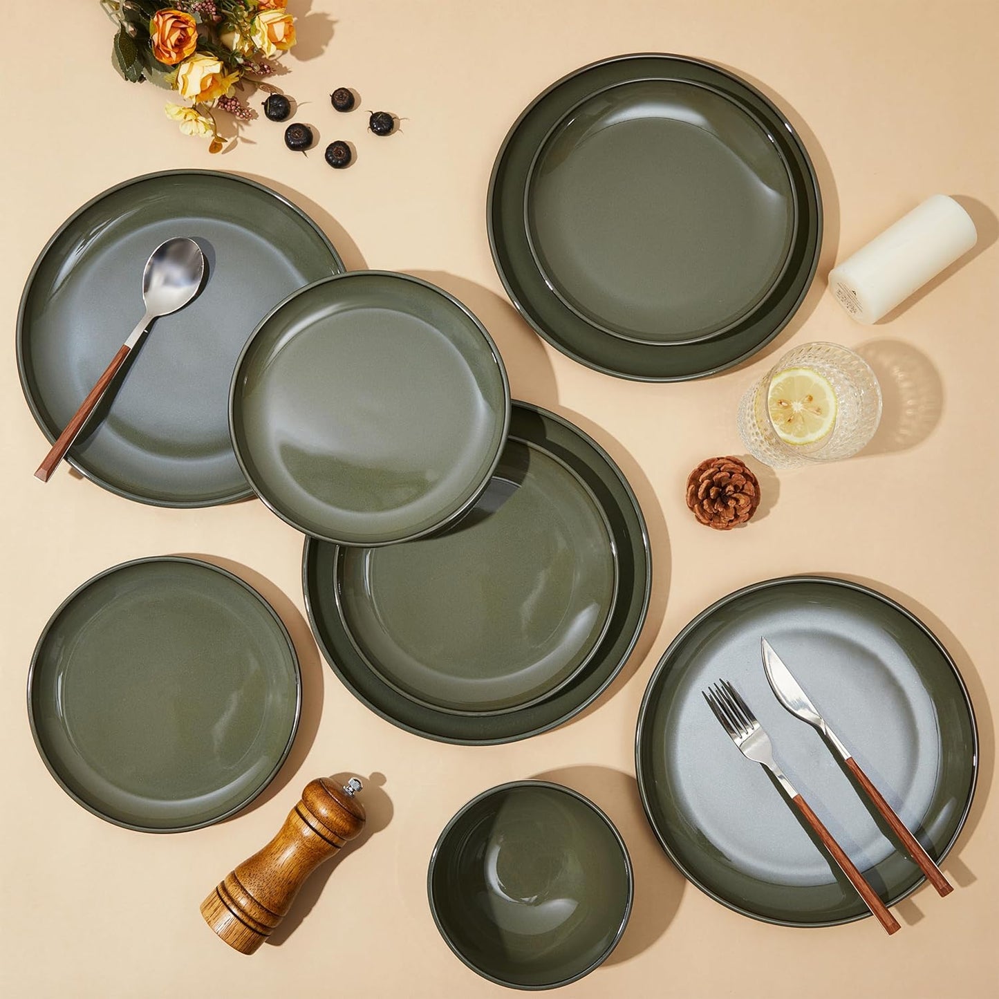 Santorini Mist Terracotta Reactive Glaze Plates and Bowls Sets, Stoneware Dinnerware Sets, Microwave and Dishwasher Safe Ceramic Dish Set Service for 4, Blackish Green
