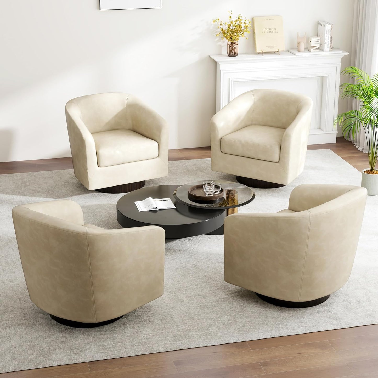 Swivel Barrel Accent Chair, Modern Round Faux Leather Arm Chair for Living Room, Bedroom, Comfy Club Reading Chairs for Adults(Faux Leather, Cream, Set of 4)