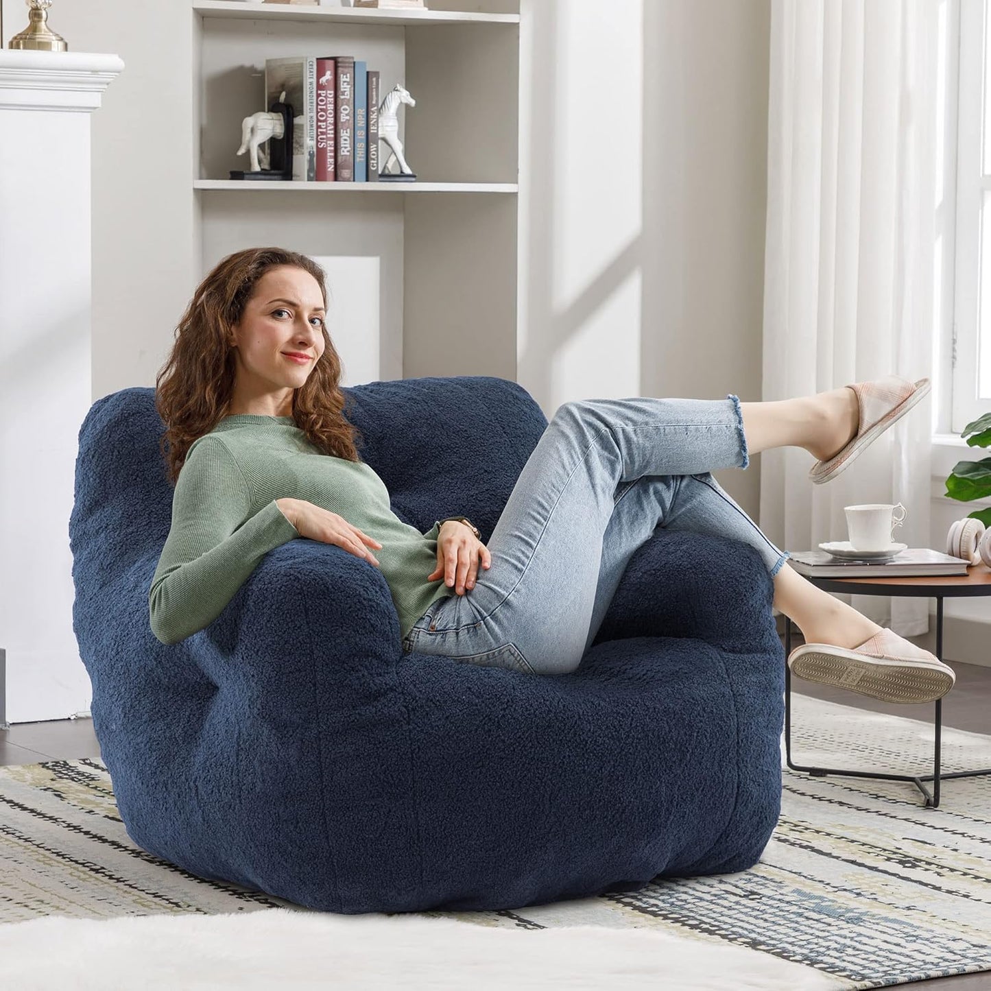 Recaceik Bean Bag Chairs, Tufted Soft Stuffed Bean Bag Chair with Filler, Fluffy Lazy Sofa, Imperial Lounger Giant Bean Bag Chair for Bedroom, Living Room, Blue, Large