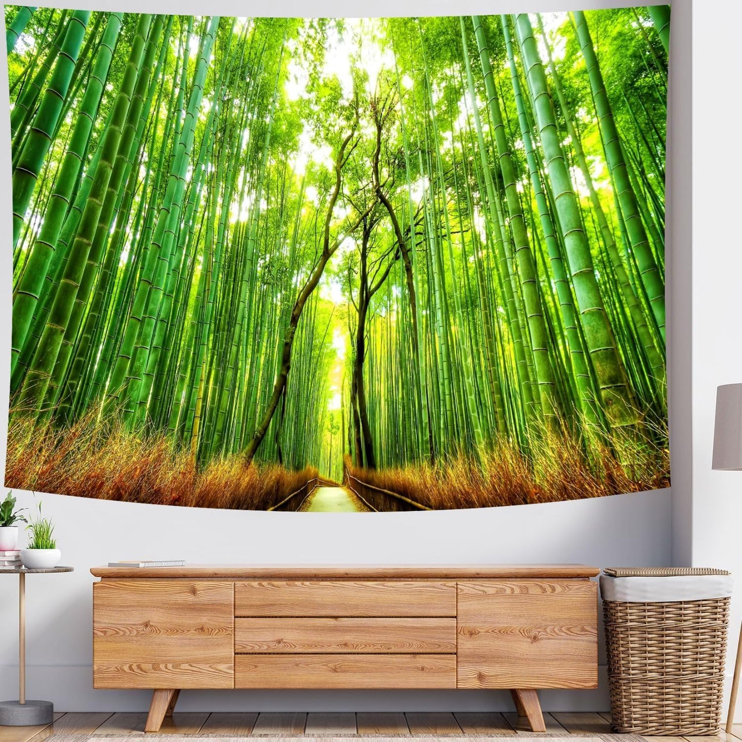 Delur Forest Pathway Tapestry Sunset Tropical Rainforest Nature Tree Tapestry Wall Hanging Sunrise Scenic Natural Green Landscape Headboard for Bedroom Living Room Home Decor (59.1" x 78.7")