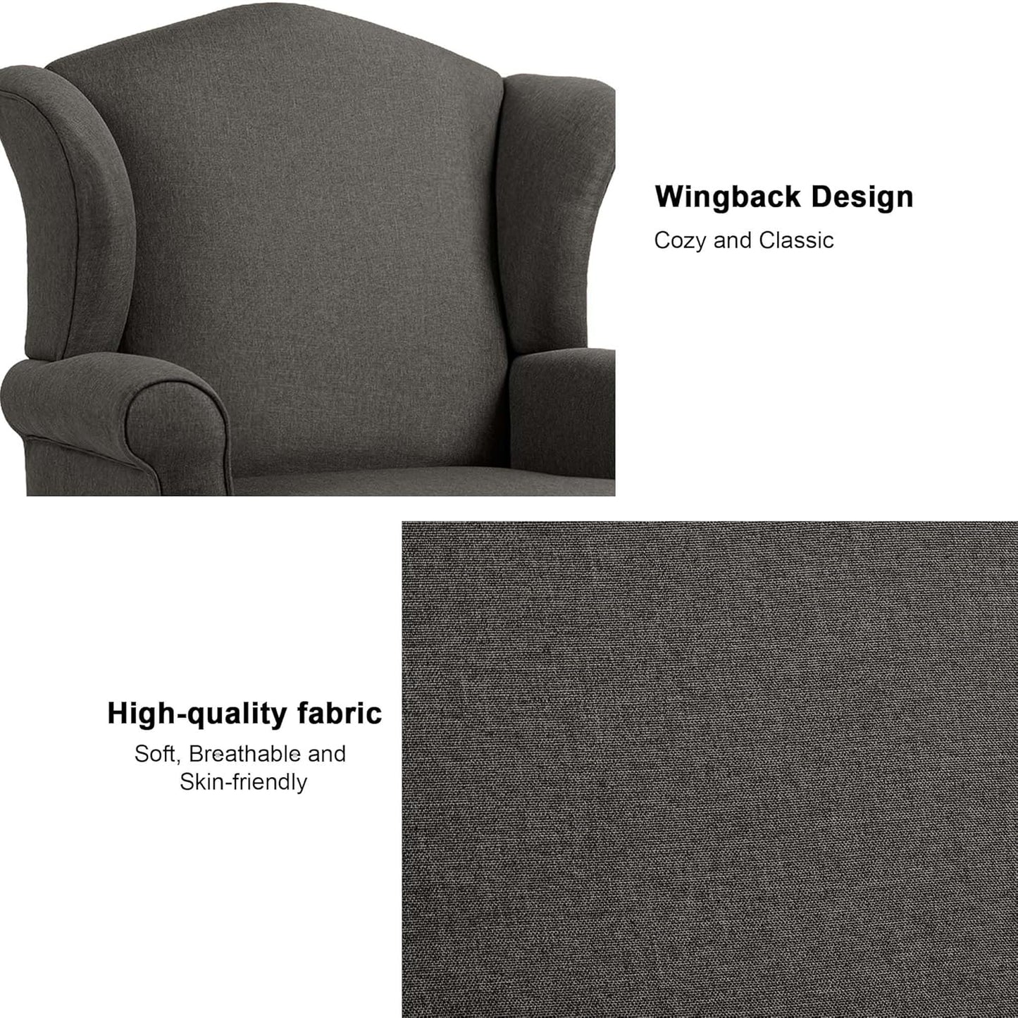 Accent Chair, High Back Upholstered Armchair with High Resilience Sponge & Wood Legs, Mid-Century Modern Comfy Single Sofa Reading Chairs for Living Room, Bedroom (Dark Grey, Set of 2)