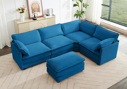 ROWHY 113'' Modular Sectional Cloud Couch, 5 Seater Corner Sofa Big Comfy Corduroy Oversized L Shaped Couch with 2 Pillows, Chaise, Ottoman, Deep Seat Sectional Couches for Living Room Office, Blue
