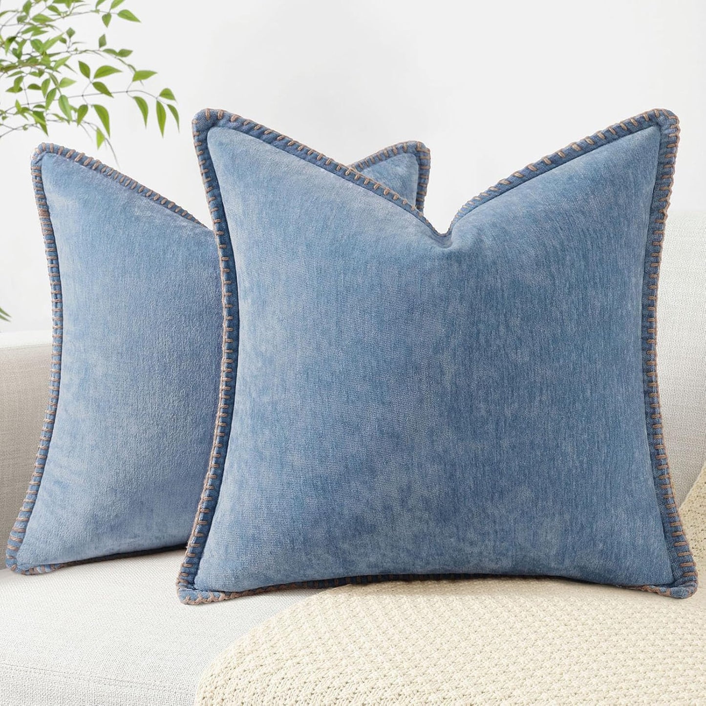 decorUhome Chenille Soft Throw Pillow Covers 18x18 Set of 2, Farmhouse Velvet Neutral Decorative Euro Pillow Covers with Stitched Edge for Couch Sofa Bed Home Decor, Blue