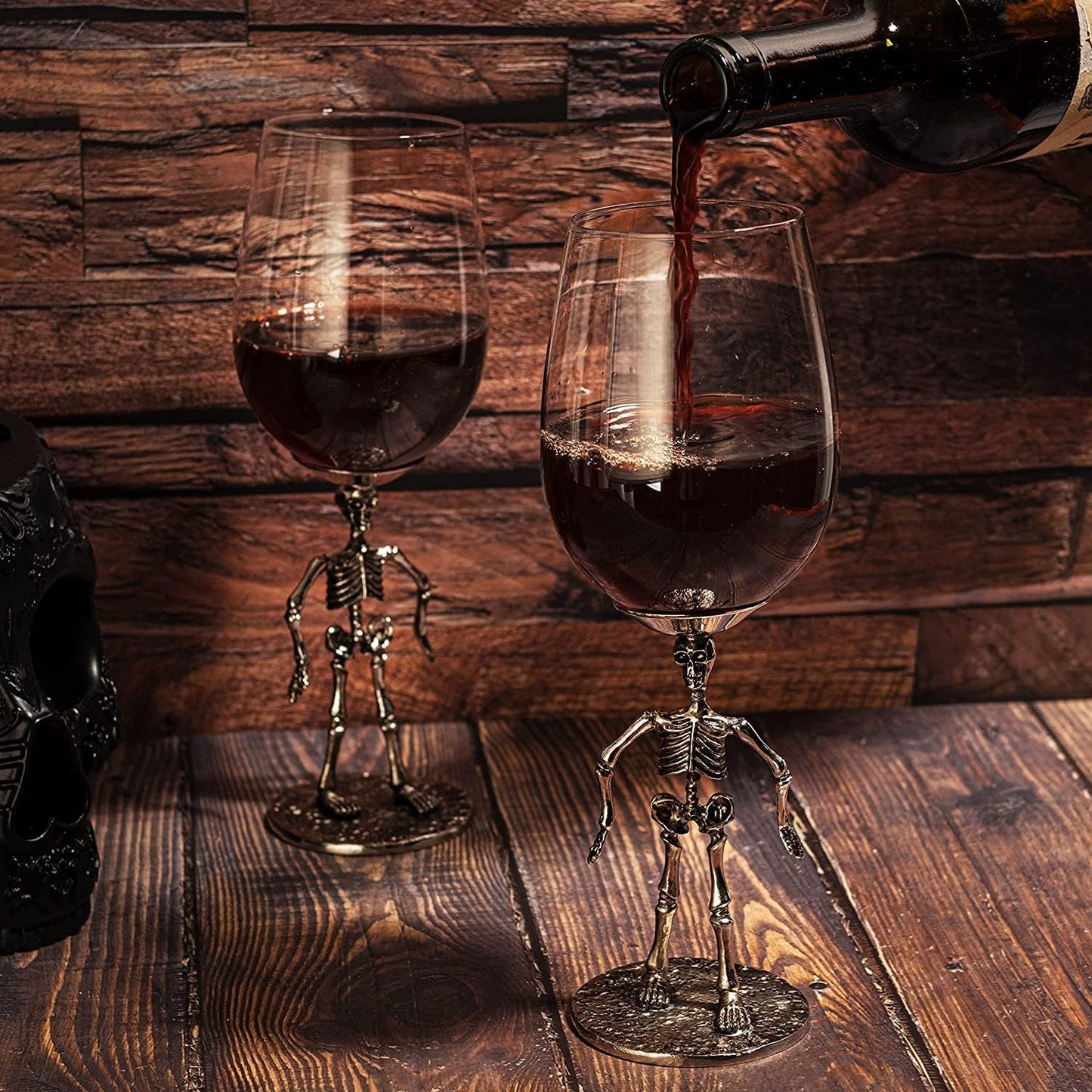 Stemmed Skeleton Wine Glass Set of 2 | 12oz Gothic Wine Goblets 10" Tall | Halloween Skeleton Decor Drinkware, Spooky Wine Glass Gift Set, Haunted Party Barware, Gothic Skeleton Gifts for Wine Lovers