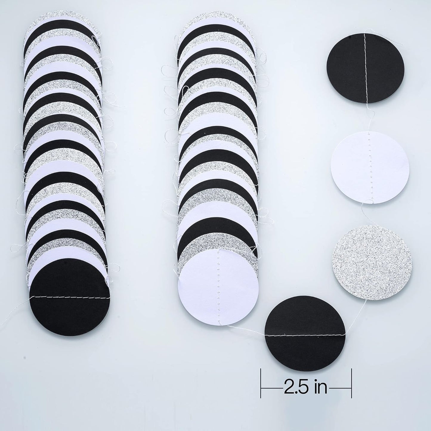 Black White Silver Glitter Paper Garland Circle Dot Streamer Banner for Graduation Bridal Shower Wedding Birthday Party Decorations, 2.5" in Diameter, 20 Feet in Total