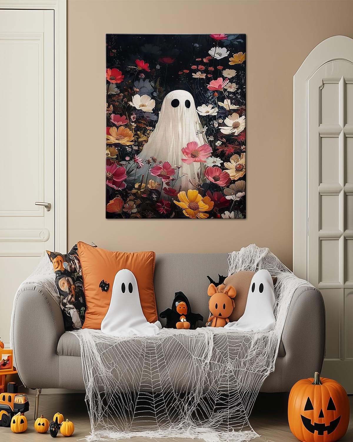 Halloween Canvas Wall Art,Vintage Cute Ghost & Wildflowers Framed Poster, Spooky Fall Decorations for Indoor, Gothic Dark Academia Wall Decor, Funny Halloween Decorations for Living Room Bedroom