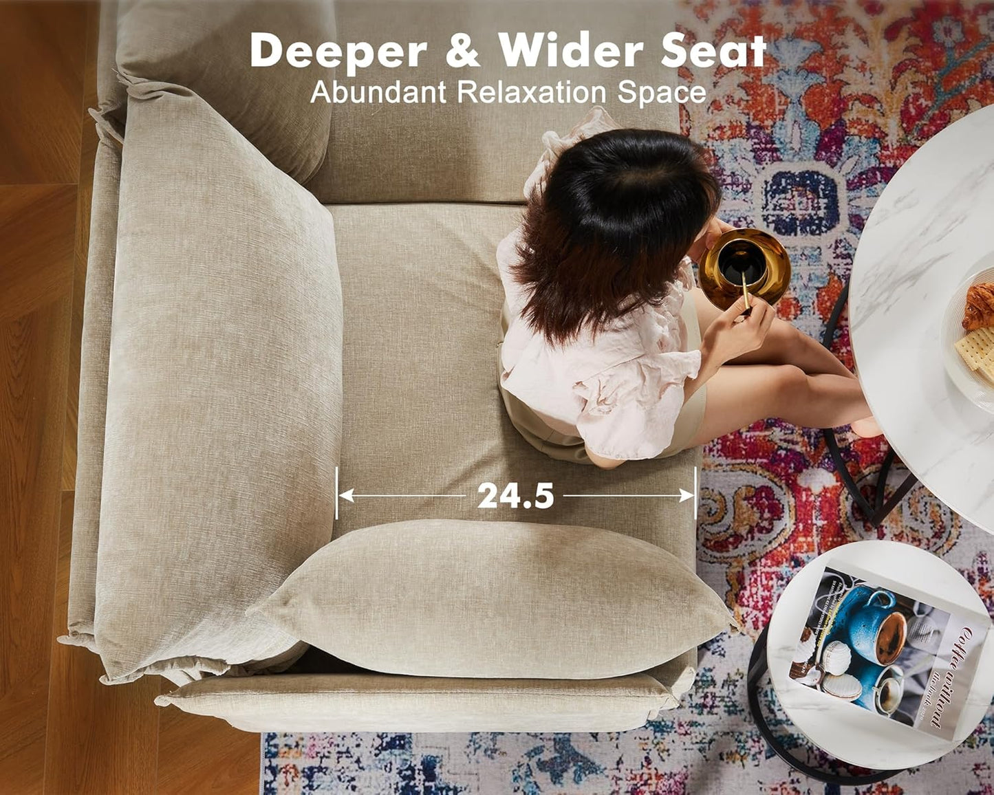 Oversized Accent Chair, Upholstered Modern Sofa Chair with Removable Backrest & Detachable Cover, 24.5" Deep Seat Large Reading Armchair for Living Room Bedroom Office - Chenille Beige Set of 1