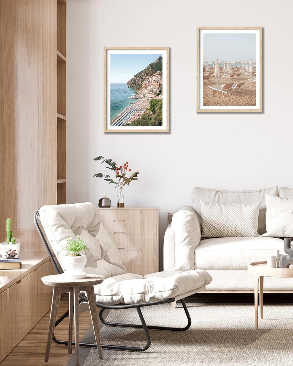 HesenDot Natural OAK Wood Framed Italian Positano Beach Wall Art,12x16in Amalfi Coast Canvas Wall Print,Summer Coastal Landscape Poster Wall Decor for Living Room,Bedroom,Office Gallery Set of 1