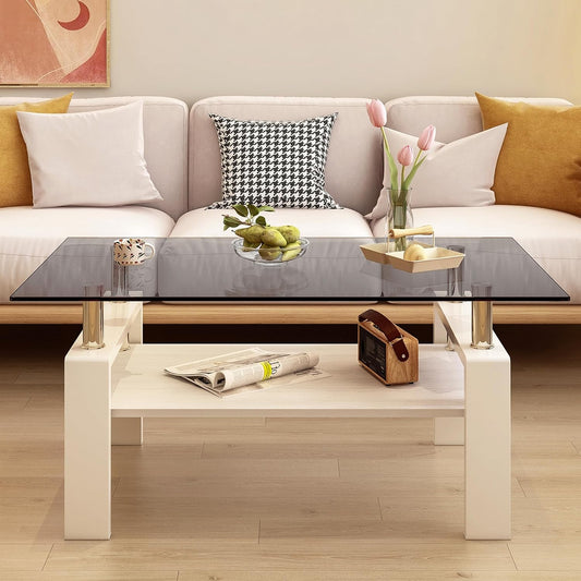 Glass Coffee Table Rectangle Living Room Center Table, with Gray Tempered Glass Tabletop and White MDF Layer,for Living Room and Office, Gray+White