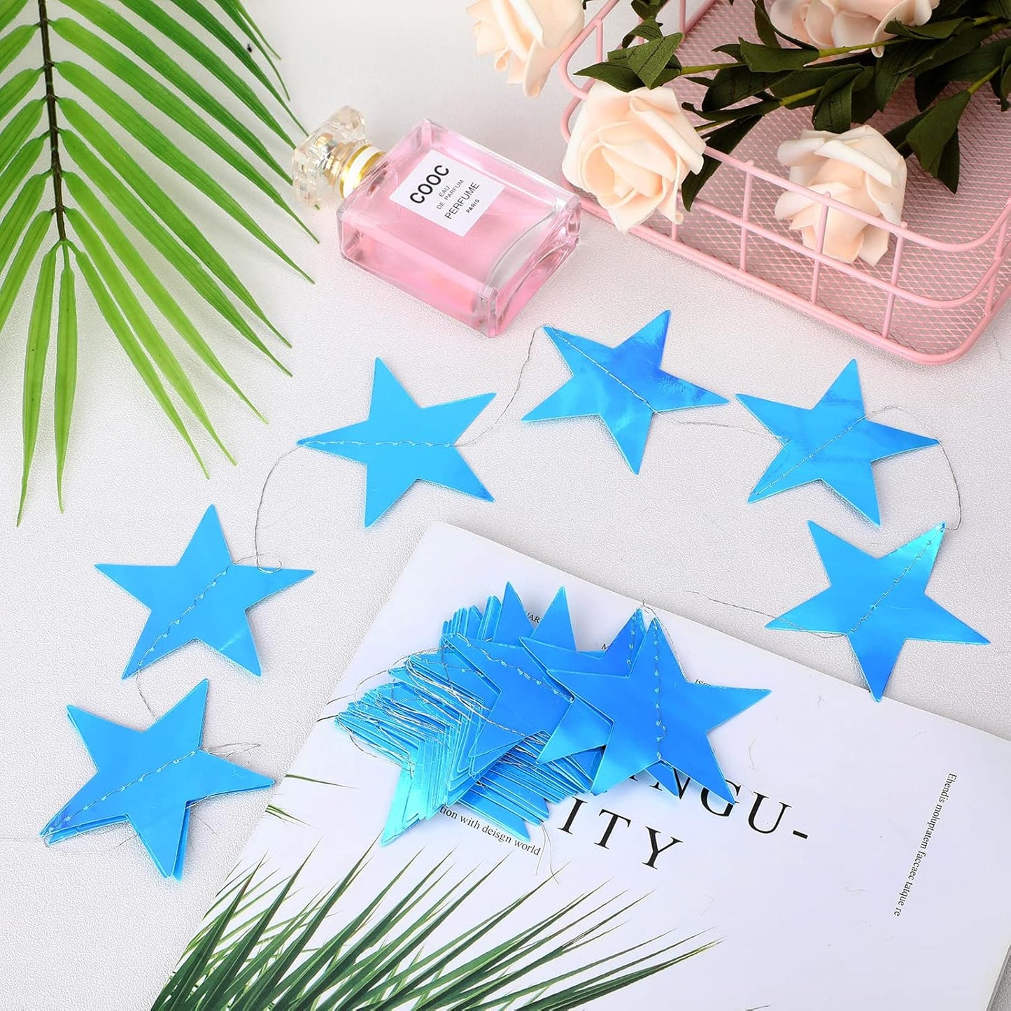 Patelai Glitter Star Garland Banner Decor 130 Feet Star Hanging Bunting Banner Twinkle Backdrop for Homecoming Classroom Wedding Birthday Halloween Christmas Party Supplies(Holographic Blue)