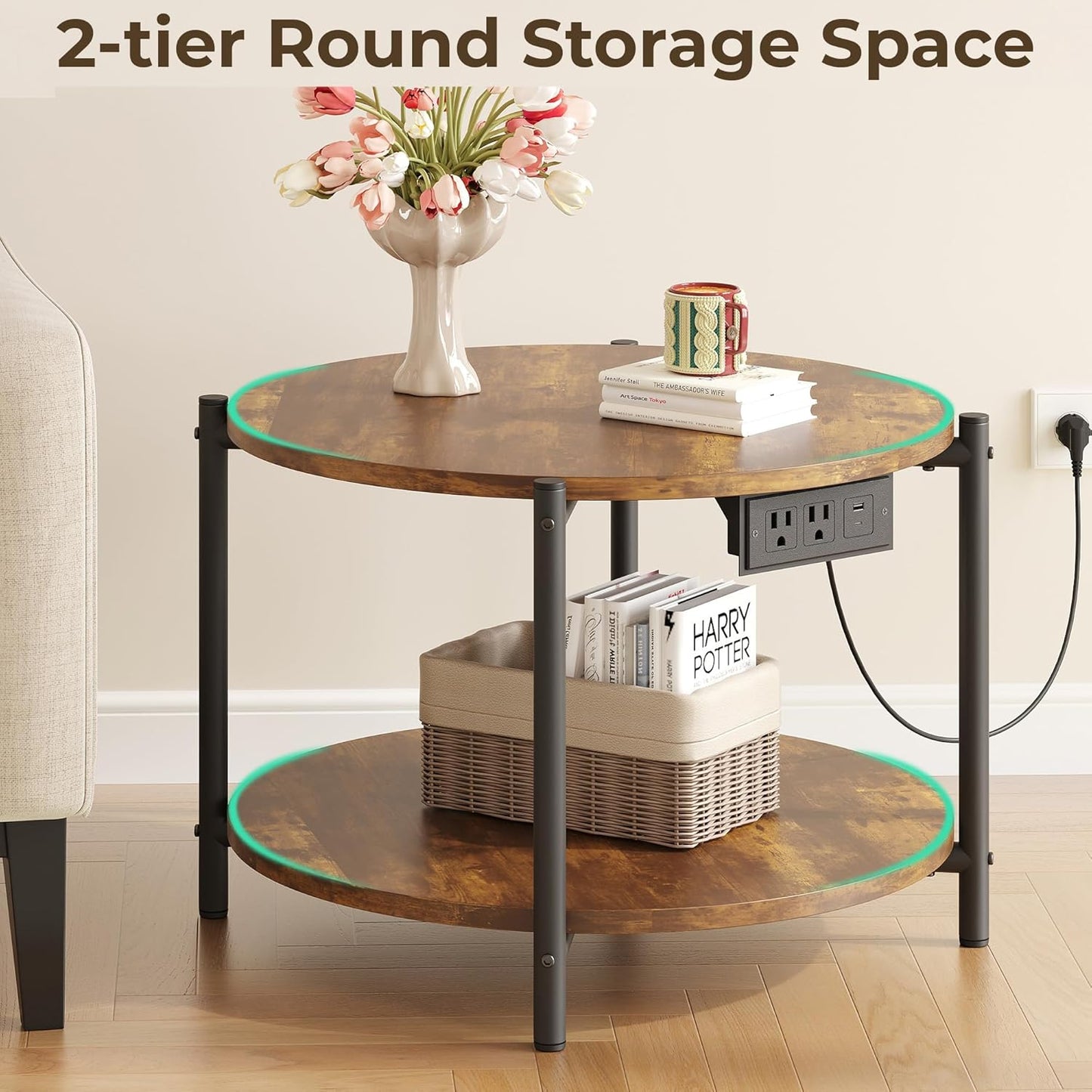 LIKIMIO Side Table, 23.6" W Round End Table with Charging Station, Modern Wooden Nightstand for Small Spaces, Living Room, Bedroom, Rustic Brown