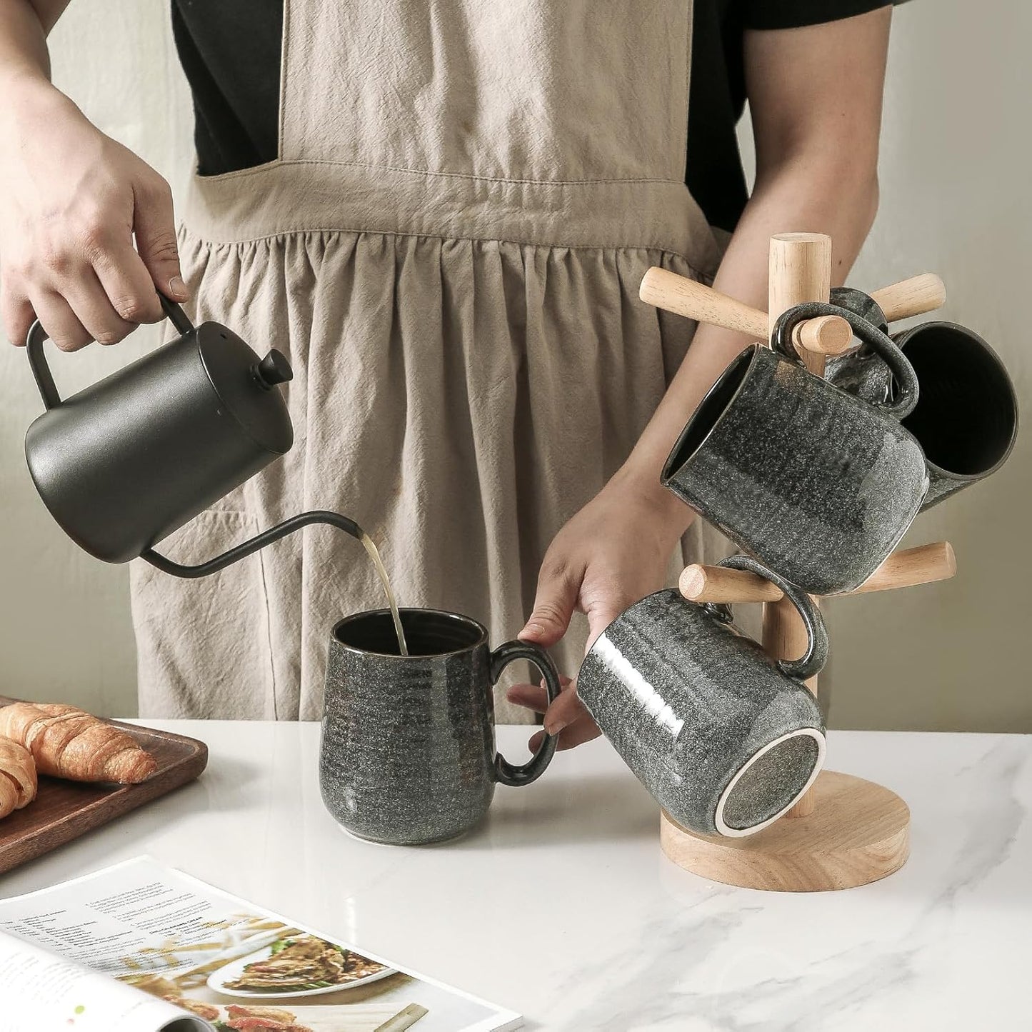 Hasense Ceramic Coffee Mugs - 15 OZ Large Coffee Cups Set of 6 with Handle for Hot Beverages, Porcelain Latte Mugs for Tea, Milk, Cocoa, Cappuccino and Mocha, Microwave and Dishwasher Safe, Grey