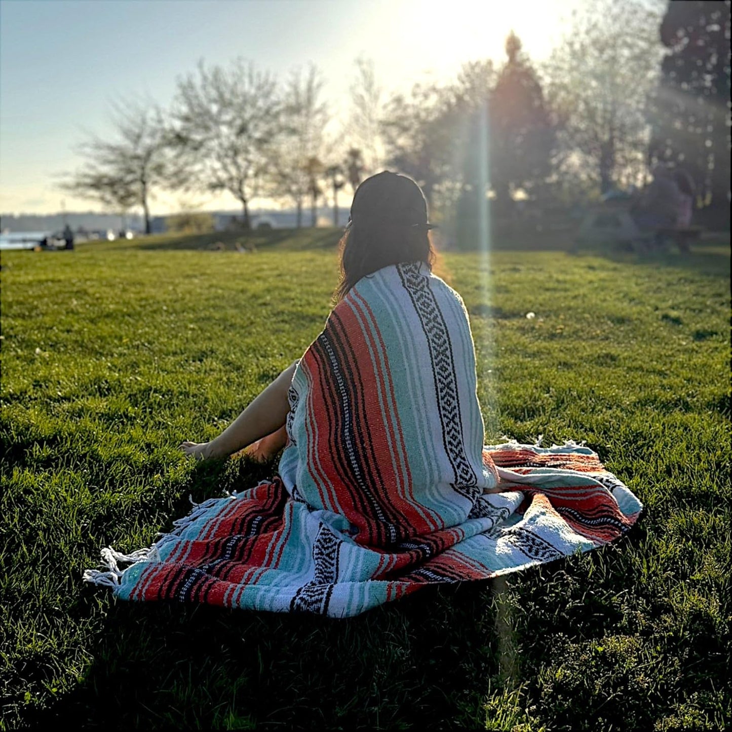 Traditional Handwoven Mexican Blanket, Large Falsa Serape - Soft & Durable - Vibrant Beach, Picnic, Yoga & Camping Mat - Lightweight Boho Throw 70"x50" (Sunset)