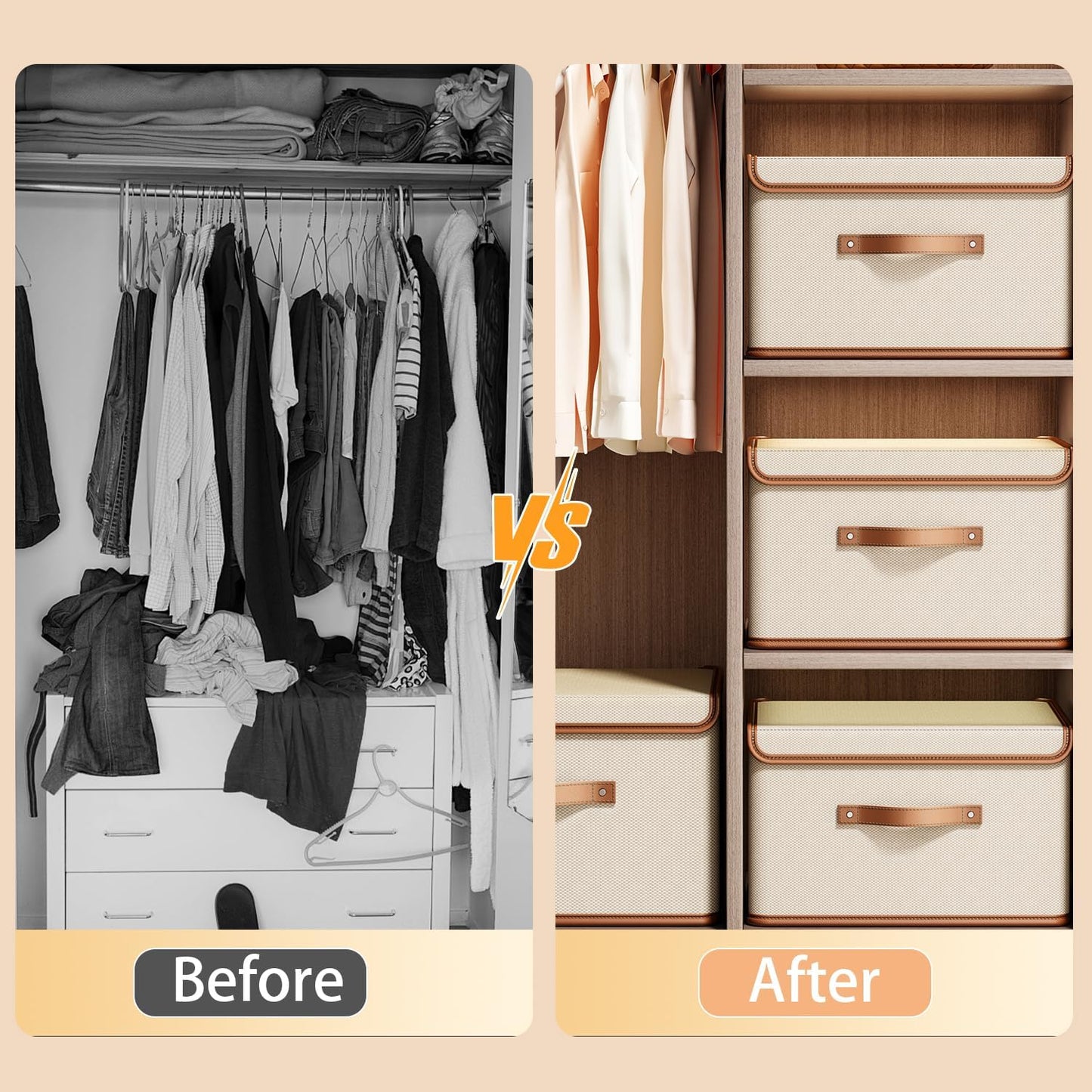 Tuza 4 Pack Storage Bins with Lids, Collapsible Closet Organizer Container, Fabric Organizer Box with Handles, Decorative Storage Boxes with Lids for Organizing Clothes, Books, File, White, Medium