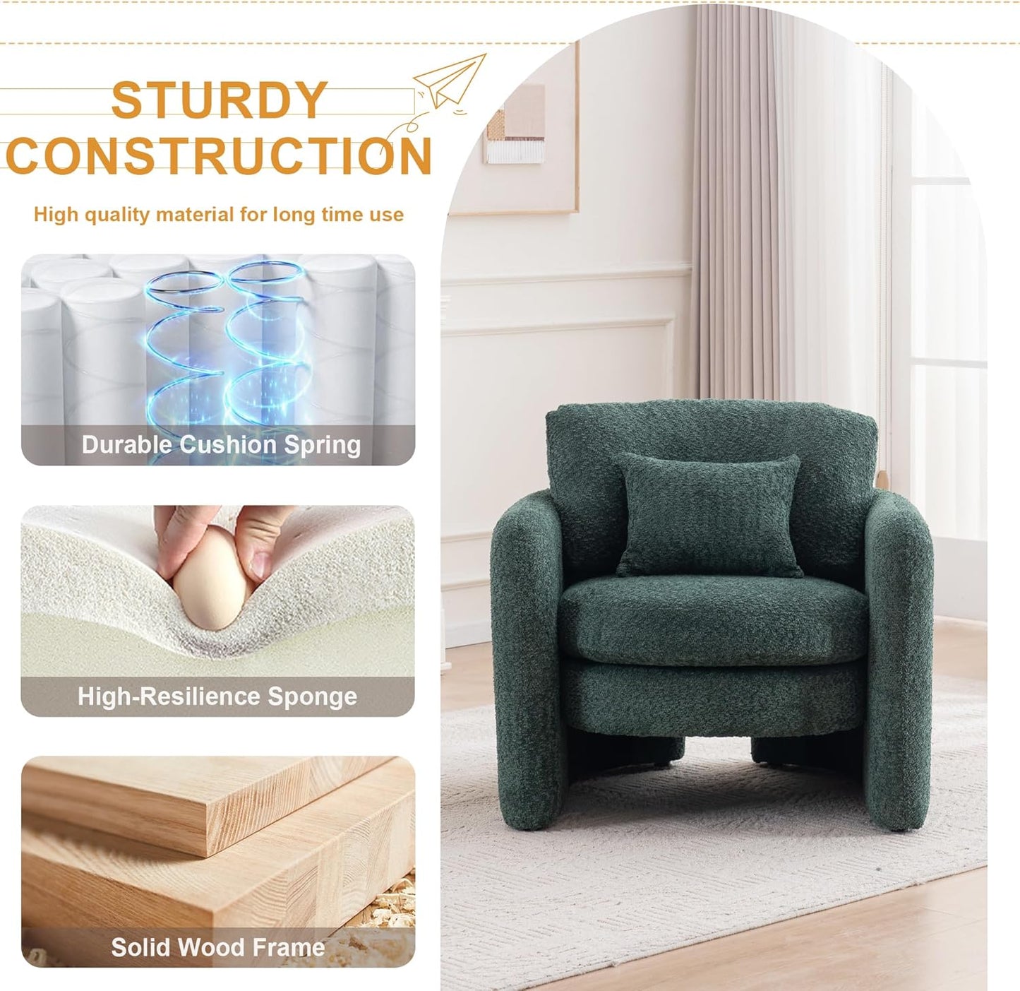 Chenille Accent Armchair Oversize Upholstered Barrel Comfy Modern Round Lounge Sofa Chair with Pillow Cozy Reading Chairs for Apartment,Office,Living Room,Dining,Makeup,Club,Green 2SET