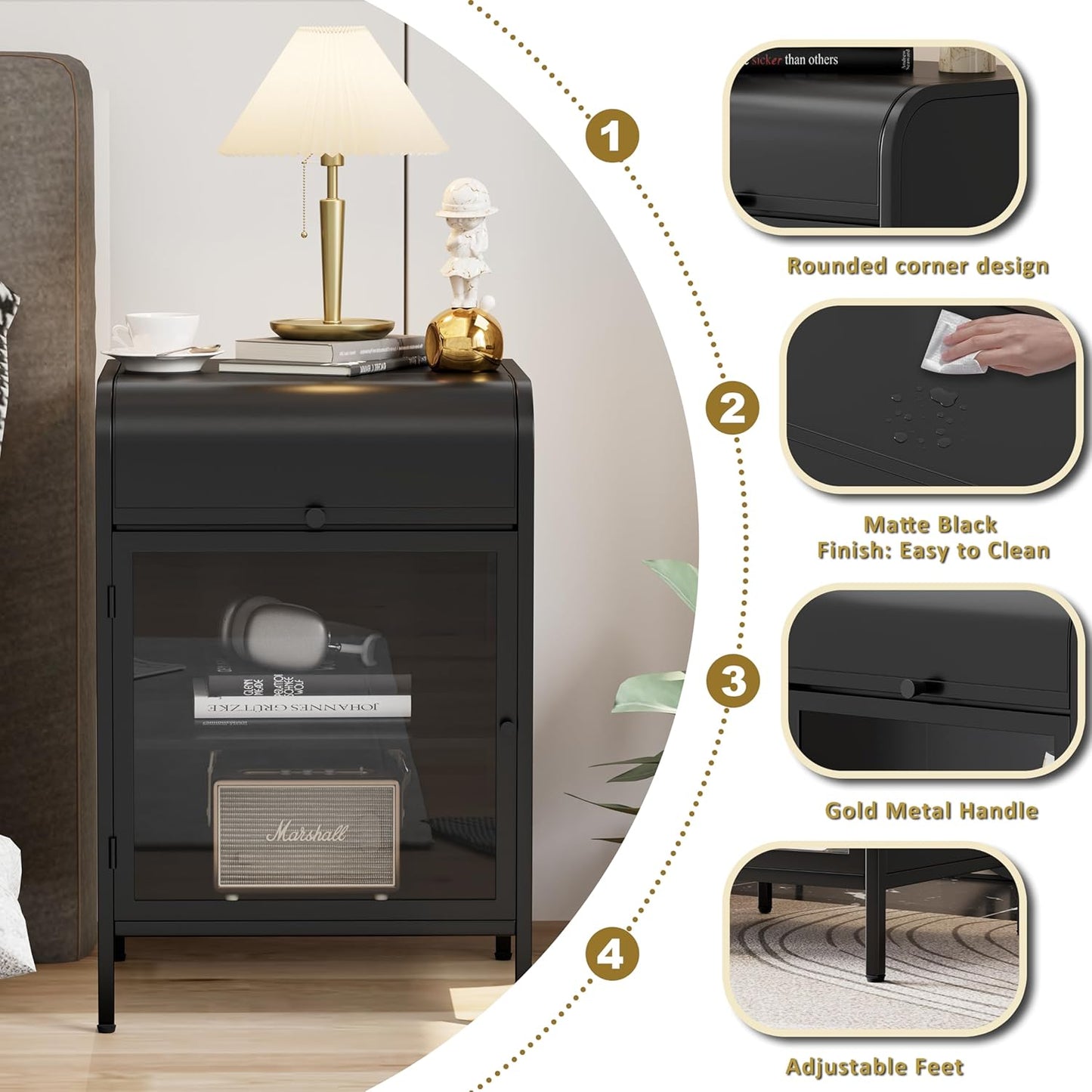 Modern Metal Side Tables, End Tables with Glass Door, 2-Tier Nightstands with Storage Shelves, Accent Table, Slim Sofa Table for Living Room, Bedroom (1, Black)