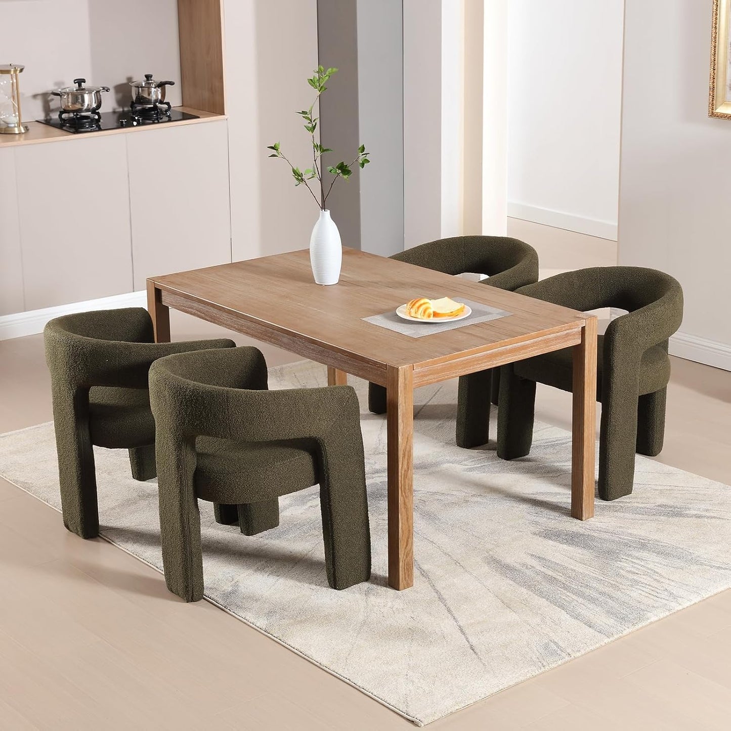 Green Sherpa Dining Chairs Set of 6, Modern Barrel Dining Room Chairs Upholstered Faux Fur Accent Chair with Arms and Round Back for Living Room Kitchen Armchair No Assembly Needed