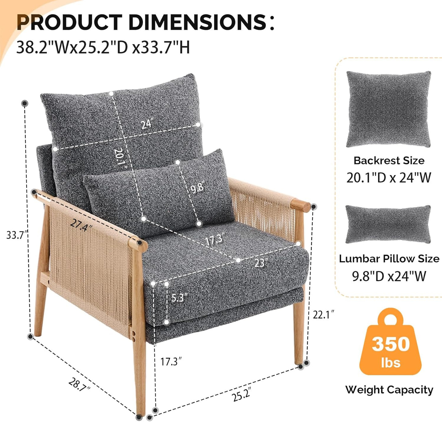 VINGLI Boho Braid Accent Armchairs Set of 2,Mid-Century Modern Chiars with Solid Wooden Armrest,Comfy Louge Cushion Chairs with Waist Pillow for Bedroom,Living Room,Reading Room, Gray