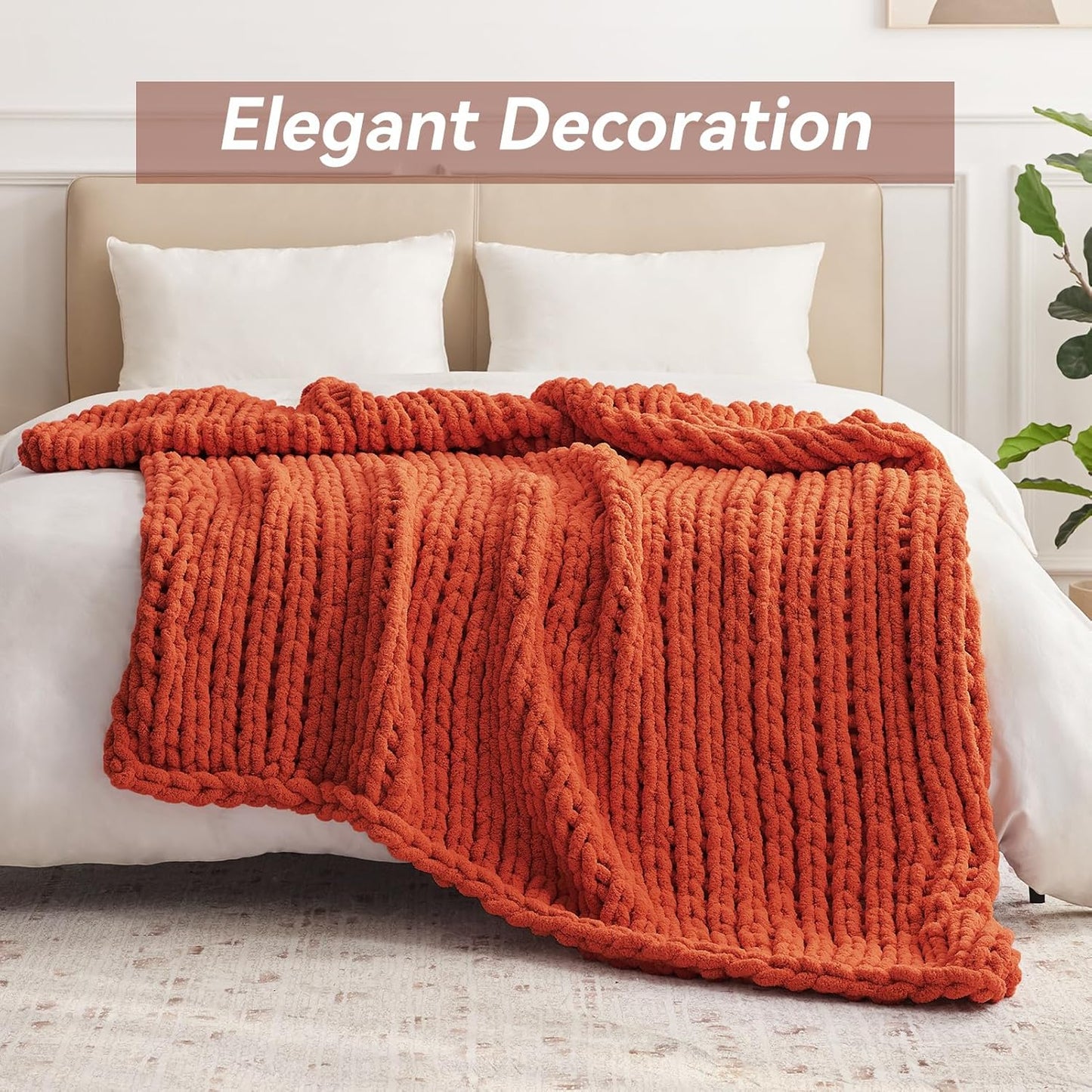 Chunky Knit Throw Blanket, 30''*40'' Knitted Throw Chenille Yarn for Bed Couch, Handmade Orange Crochet Big Thick Blanket, Machine Washable Cute Comfy Blanket for Home Decor