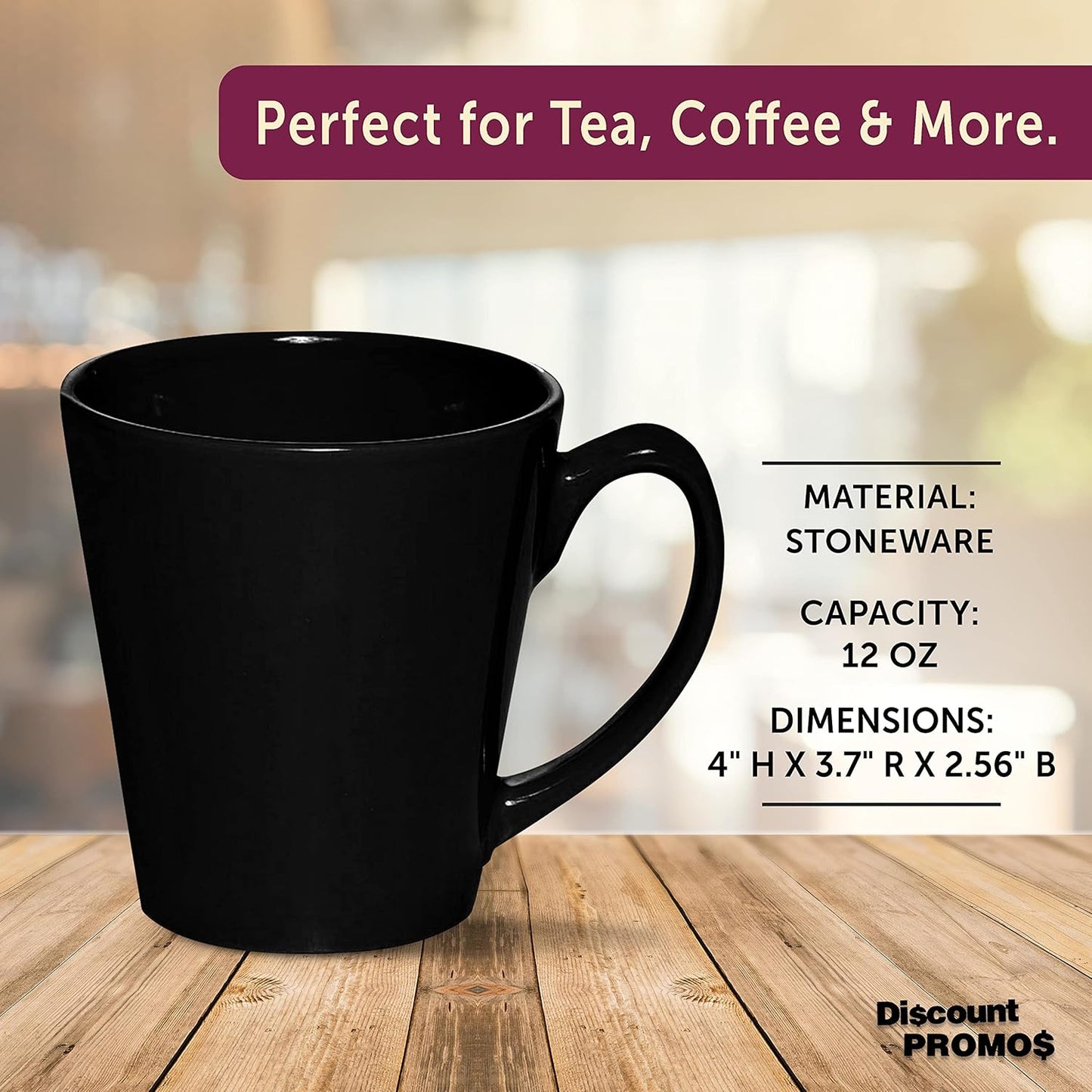 DISCOUNT PROMOS Glossy Ceramic Latte Coffee Mug 12 oz. Set of 10, Bulk Pack - Perfect for Tea, Espresso, Cappuccino, Hot Cocoa - Black