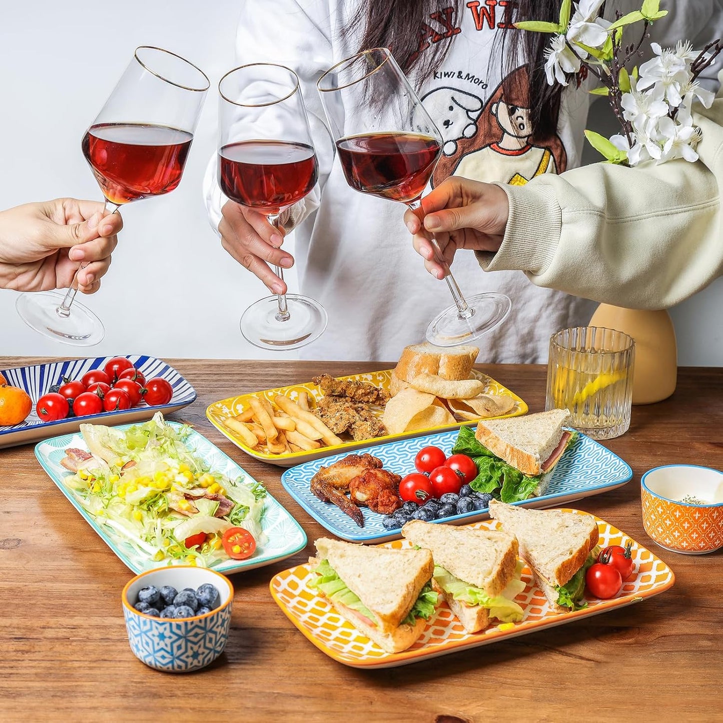 Selamica Ceramic Serving Platters, 14 Inch Serving Trays for Party Entertaining, Large Rectangular Serving Plates for Appetizer, Charcuterie, Dessert, Fruit, Set of 4, Assorted Colors