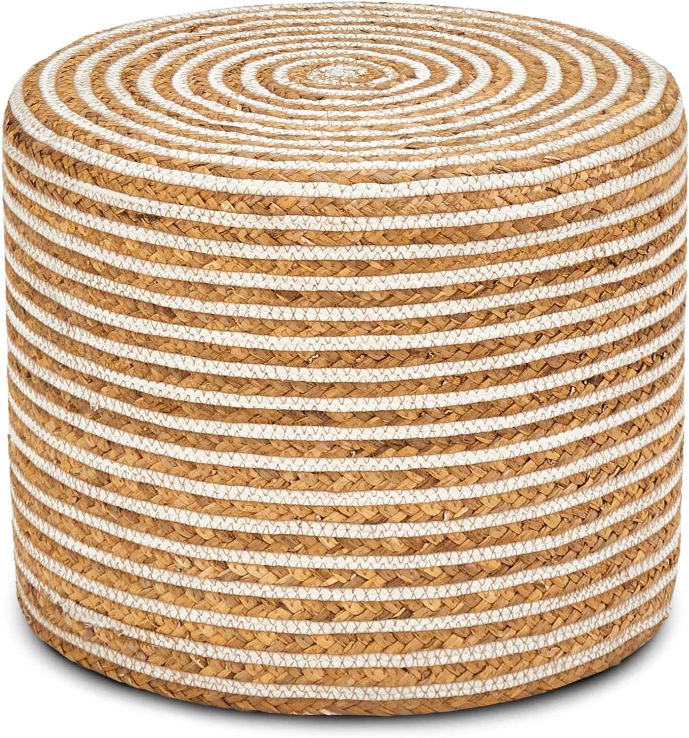 Wimarsbon 18'' Ottoman Pouf, Natural Braided Poof, Rustic Handweave Lounge Pouffe, Boho Footrest Stool for Bedroom, Accent Table or Seat for Living Room (Natural Water Hyacinth + White Cotton Rope)