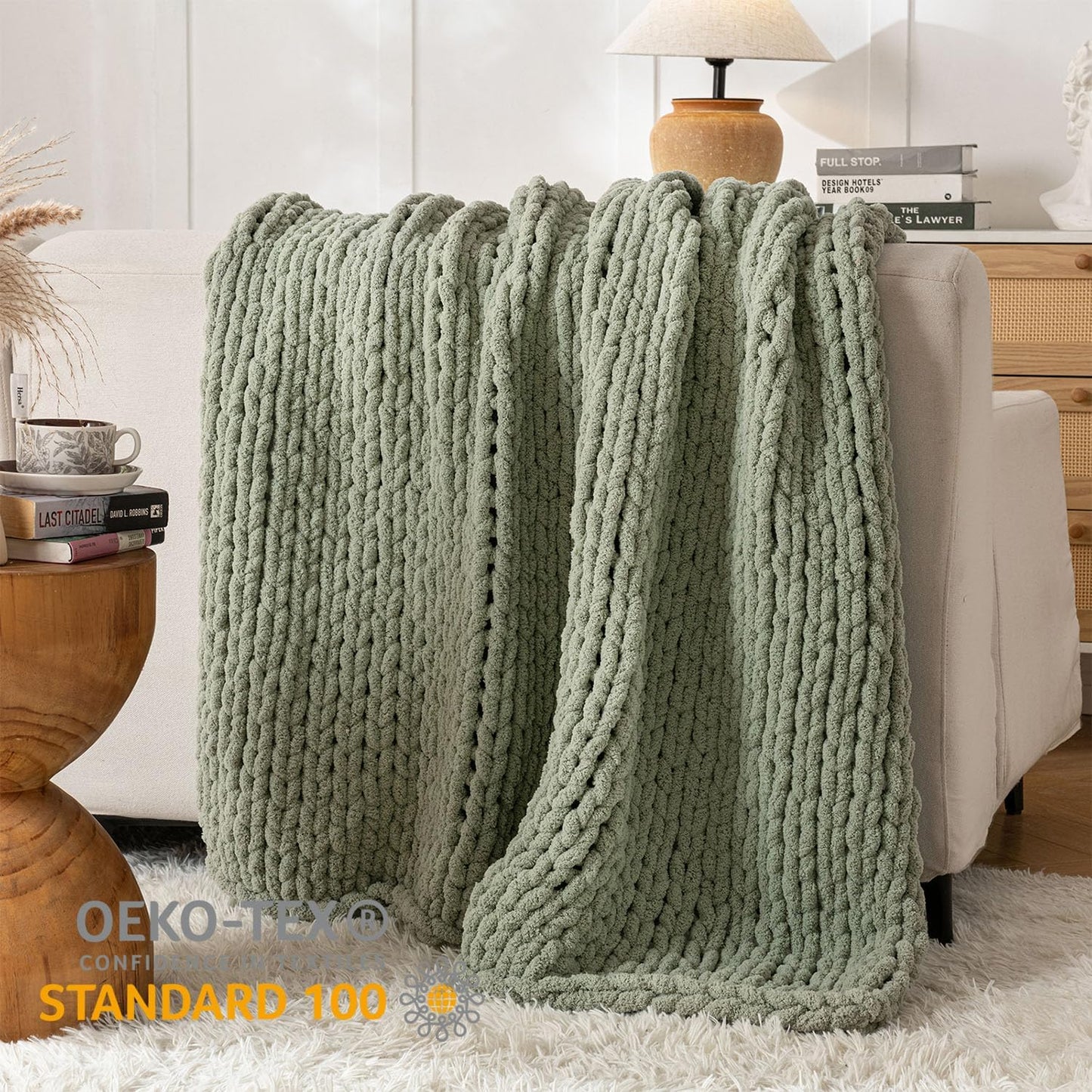 Chunky Knit Blanket Throw, 100% Hand Knit Throw Blanket Handmade Chenille Cable Knit Throw for Couch, Stylish Cozy Soft Rope Knot Crochet Blanket for Home Decor, Sage Green, 50x60 Inches