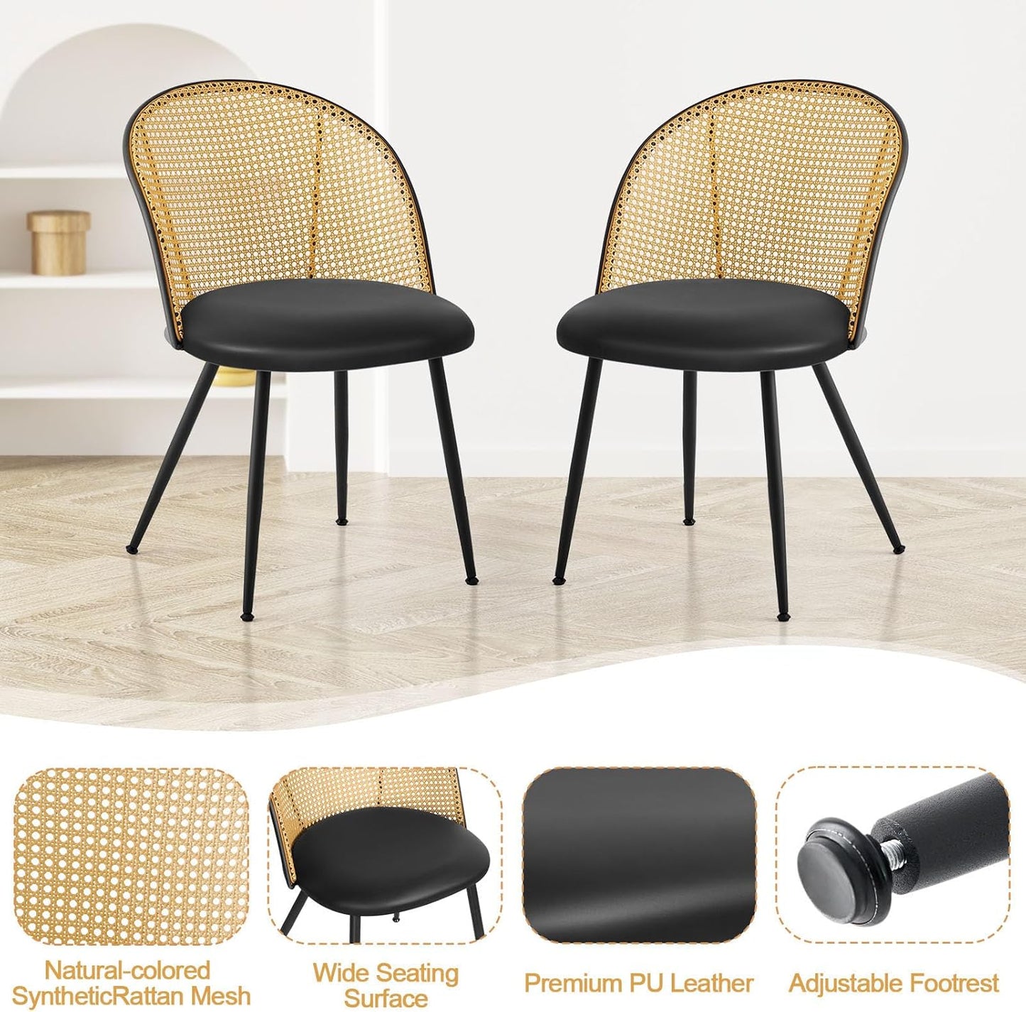 Dining Chairs Set of 4, Mid Century Modern Dining Room Chairs with Full Rattan Back, Faux Leather Kitchen Dining Chairs Farmhouse Armless Mesh Cane Back Side Chairs with Metal Legs, Black