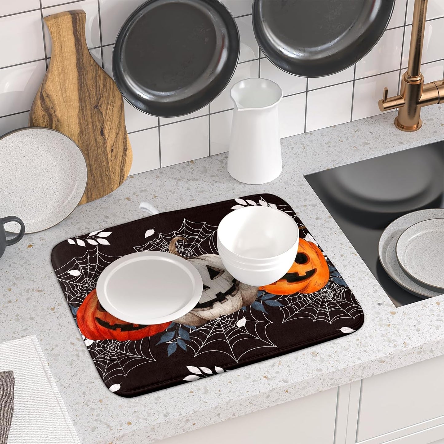 Halloween Dish Drying Mat for Kitchen Counter Spooky Pumpkins Spiderweb Super Absorbent Reversible Microfiber Kitchen Countertop Protector Dishes Pad Small 16x18 inch
