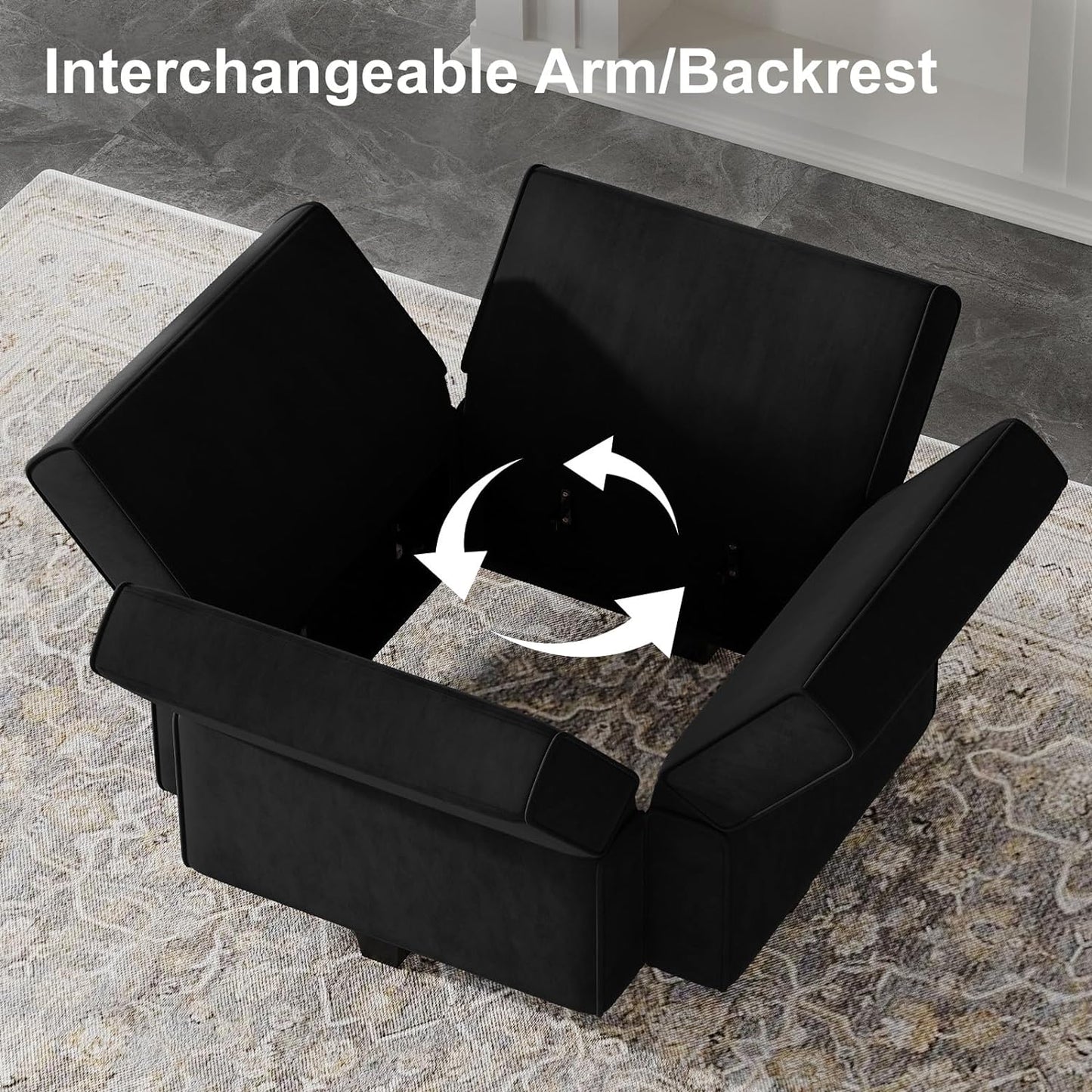 Belffin Modern L Shaped Velvet Sectional Sofa with Chaise, Black, Storage, Adjustable Arm/Backrest