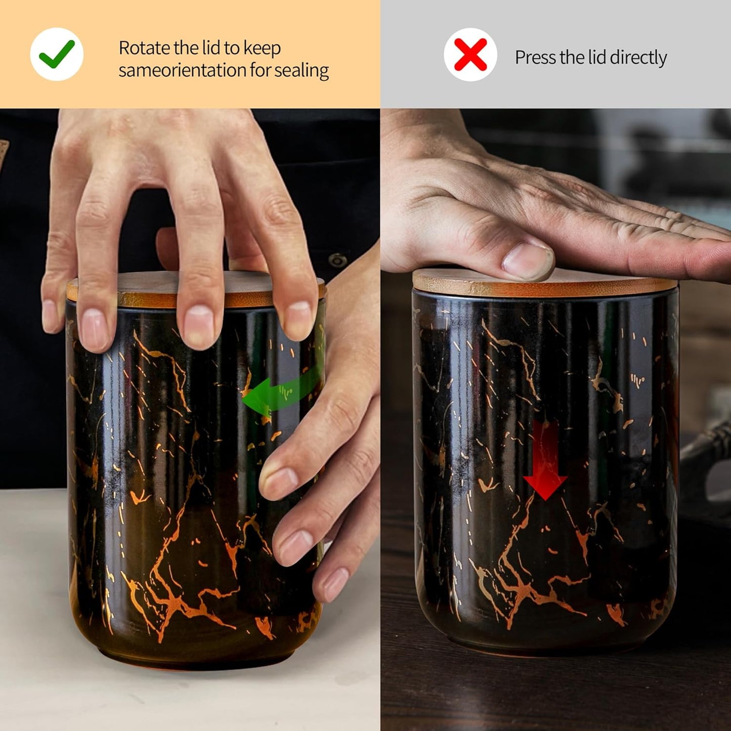 Ceramic Canister Set with Bamboo Airtight Lids, 3-Piece Kitchen Storage Jars (48oz, 30oz, 12oz) – Black with Gold Marble Pattern, Glossy Finish, for Coffee, Sugar, Flour & More