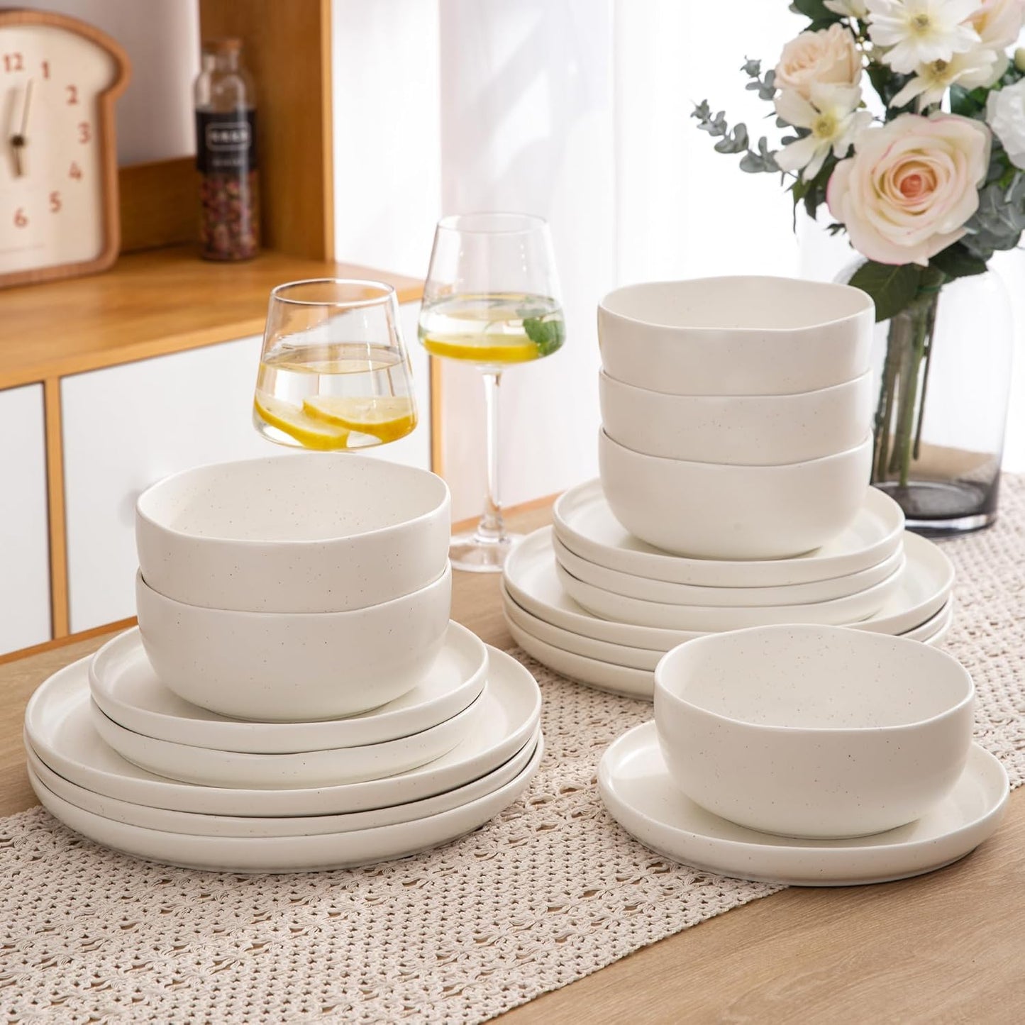 AmorArc Ceramic Dinnerware Sets, Wavy Rim Stoneware Plates and Bowls Sets, Highly Chip and Crack Resistant | Dishwasher & Microwave & Oven Safe Dishes set, Service for 4 (12pc)-Matte Speckled White