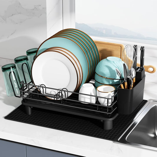 Black Stainless Steel Dish Drainers Drying Rack for Kitchen Counter with Drainboard Set, Rust Proof Metal, Space Saving, Modern Aesthetic, Compact Plates Strainers with Extra Mat