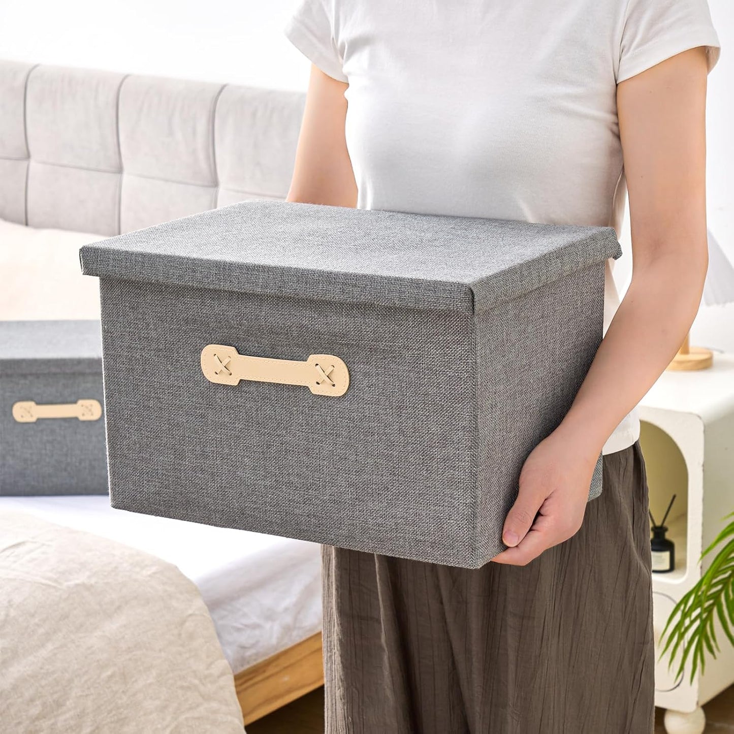 Enzk&Unity Decorative Storage Boxes with Lids, 3 Pack Grey Fabric Storage Bins with Handle, Foldbale and Stackable Storage Boxes for Shelf, Closet, Bedroom, Living Room