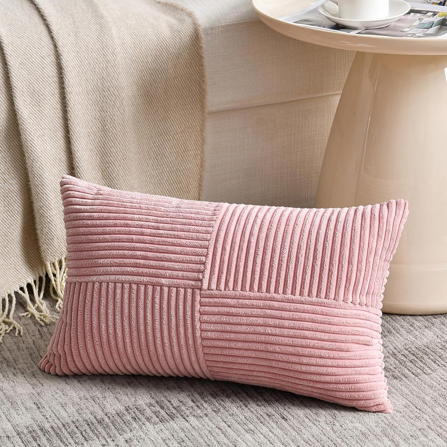 Fancy Homi 2 Packs Blush Pink Long Lumbar Decorative Throw Pillow Covers 12x24 Inch for Couch Bed Sofa, Rustic Farmhouse Boho Home Decor, Soft Striped Corduroy Rectangle Accent Cushion Case 30x60 cm