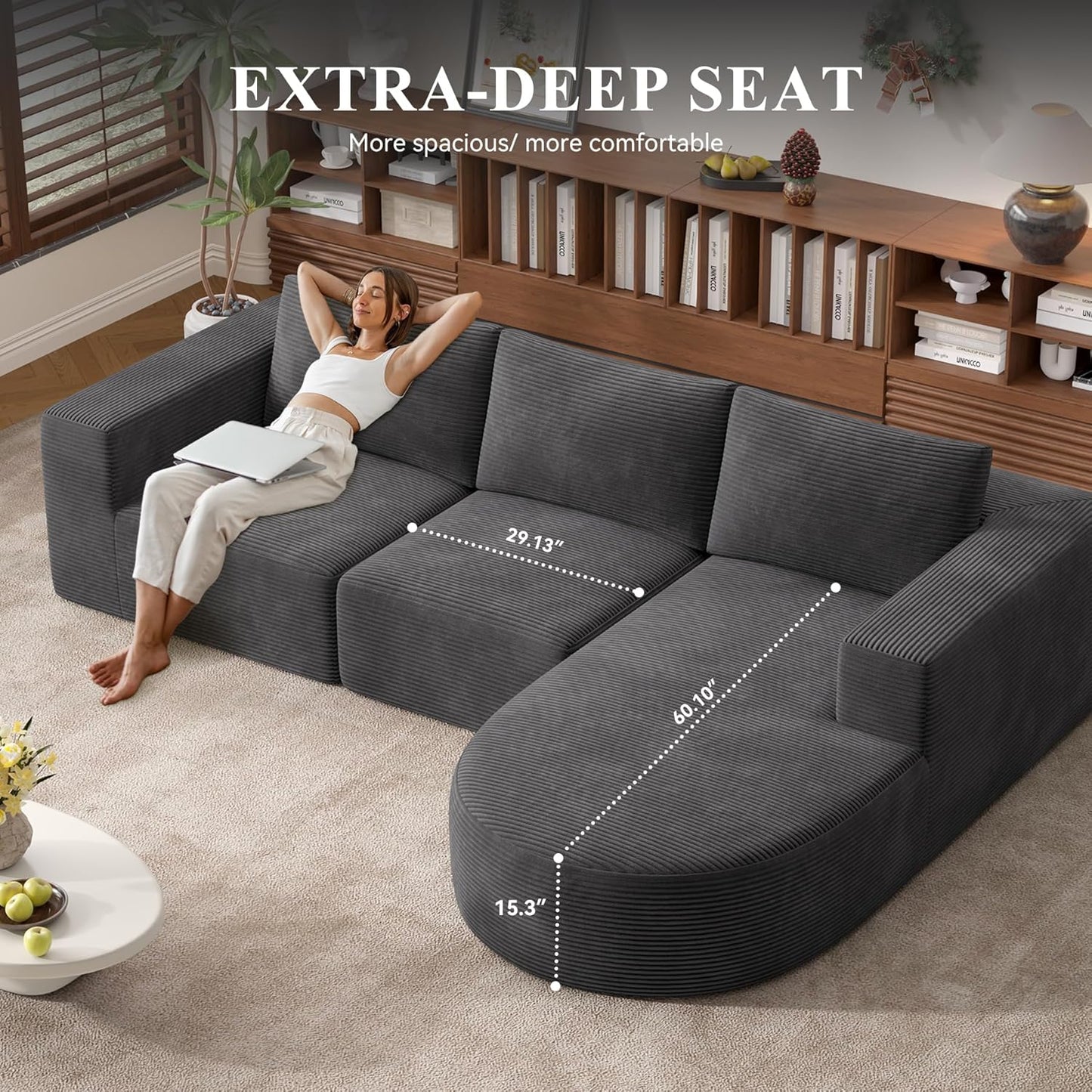 Modular Sectional Sofa with L-Shape Chaise,Cloud Sectional Modern Sleeper Couch with Deep Seat,Sponge Compression Sofas No Assembly Required(Dark Gray-Corduroy Fabric) 1PCS