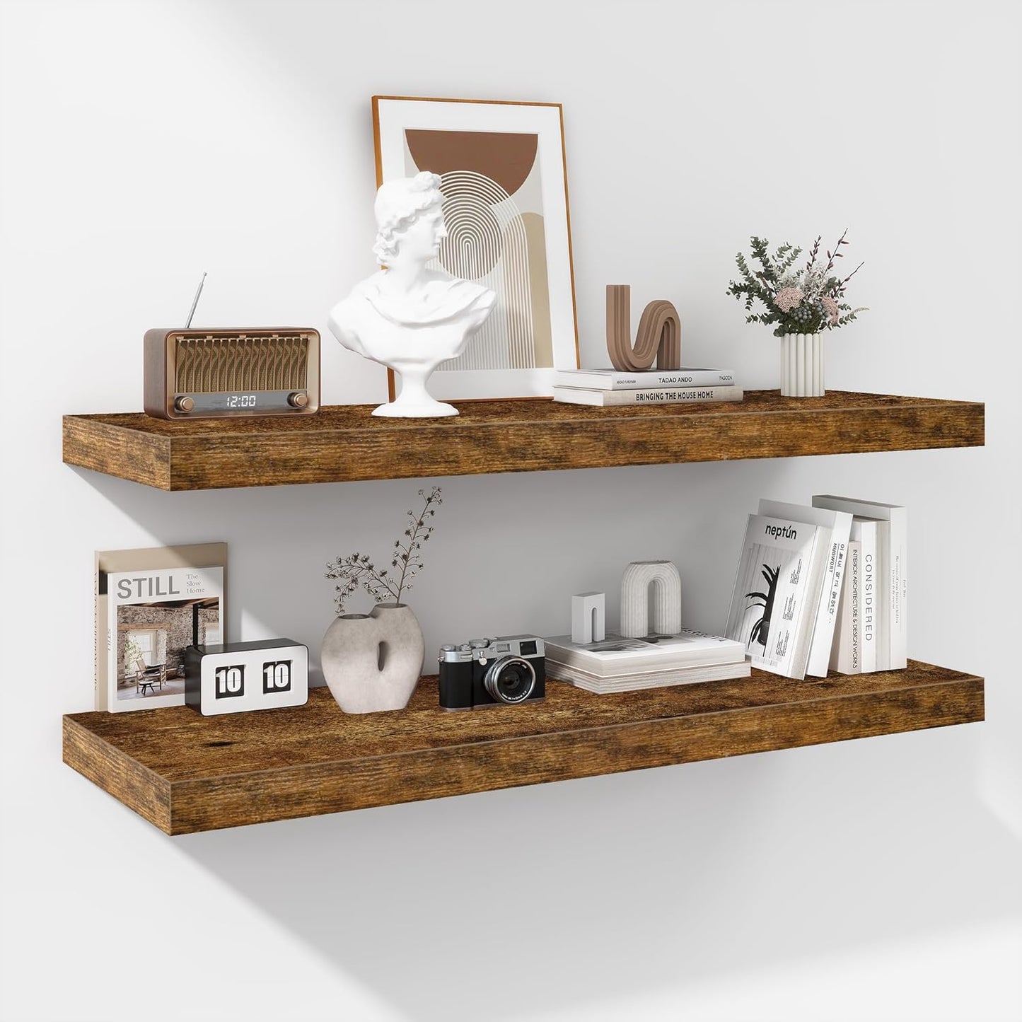 Fun Memories Floating Shelves - 2 Pack 12 Inch Rustic Wooden Wall Shelves - Extra Deeper & Thicker Wall Mounted Storage Shelf for Living Room, Kitchen, Farmhouse - 36" W x 12" D x 1.8" H - Brown