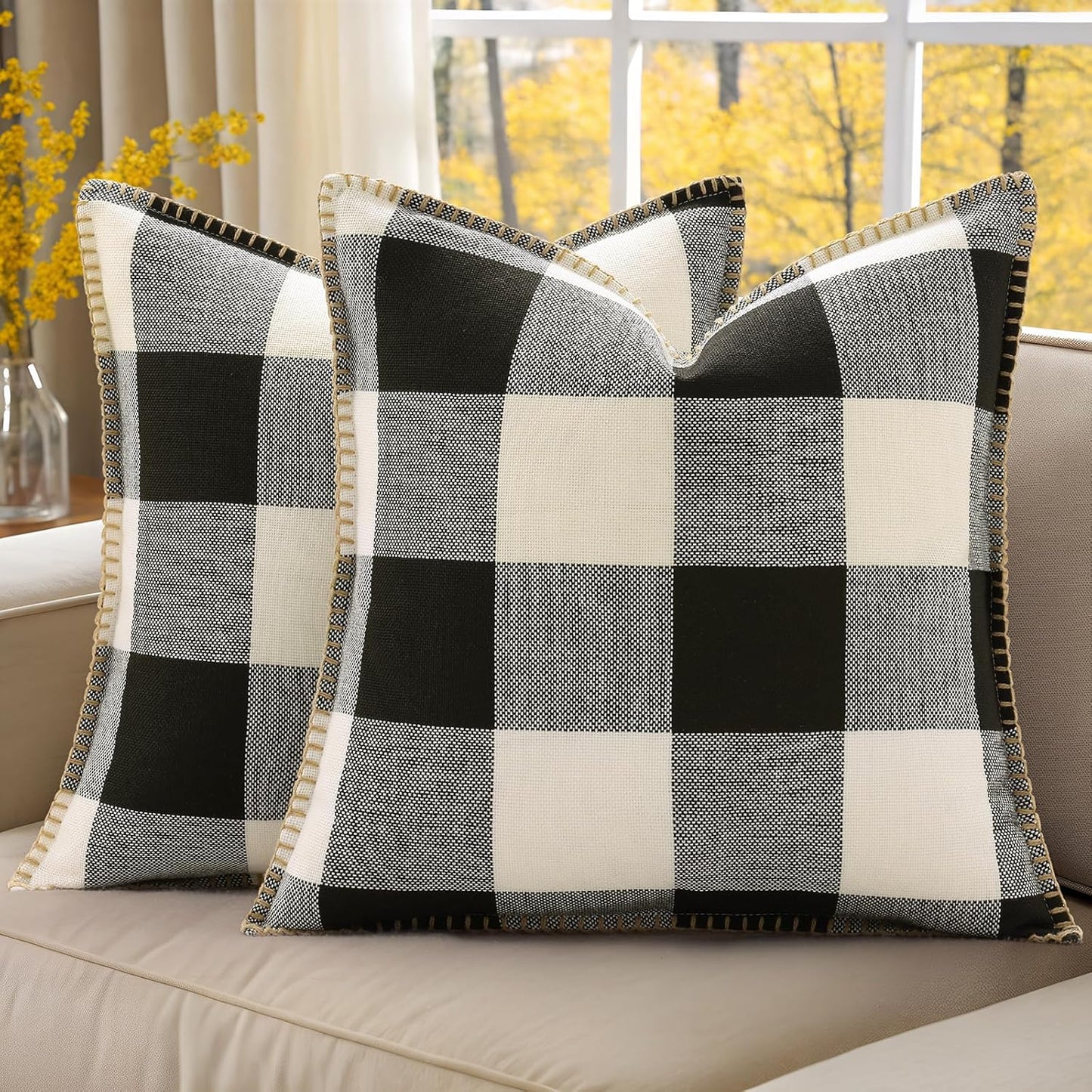 decorUhome Buffalo Plaid Check Throw Pillow Covers 16x16 Set of 2, Outdoor Decorative Farmhouse Neutral Pillow Covers with Stitched Edge for Bed Couch Sofa, Black and White