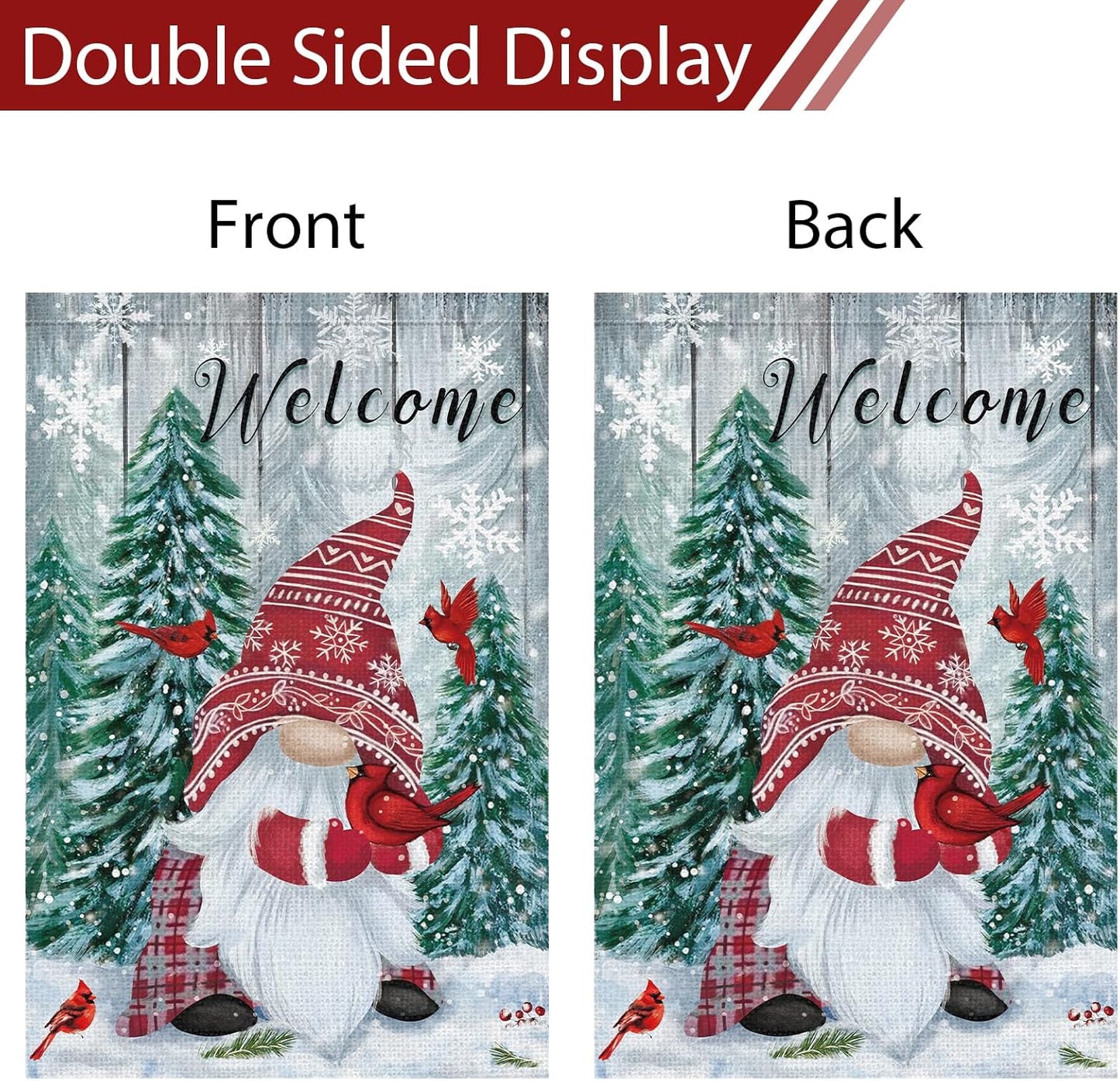 Heyfibro Welcome Christmas Garden Flag Winter Gnome Garden Flags 12x18 Double Sided Burlap Cardinals Snowflakes Snow Garden Yard Flags for Seasonal Outside Outdoor House Decoration (ONLY FLAG)