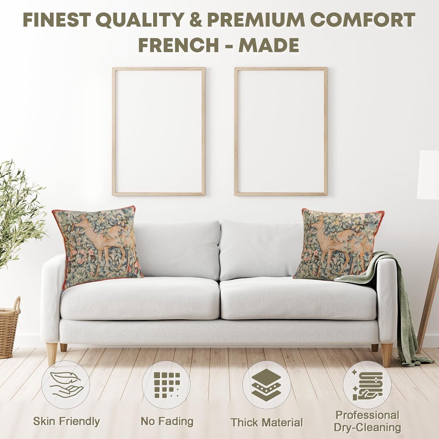 Charlotte Home Furnishings Decorative Tapestry Pillow Cover 14x14 in, Green Two Does Couch Throw Pillow Cover, French Country Square Cushion Cases for Bed Room Home Decor, Soft Cotton Jacquard Woven