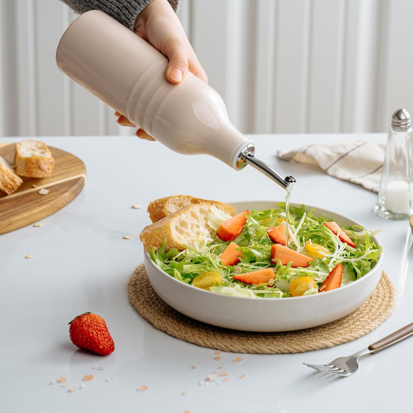 famiware Jupiter 16oz Ceramic Olive Oil Dispenser Bottle, 1 Piece Oil Dispenser for Kitchen with Stainless Steel Pourers, Suitable for Storage Vinegar, Soy Sauce, Coffee Syrup, Light Pink