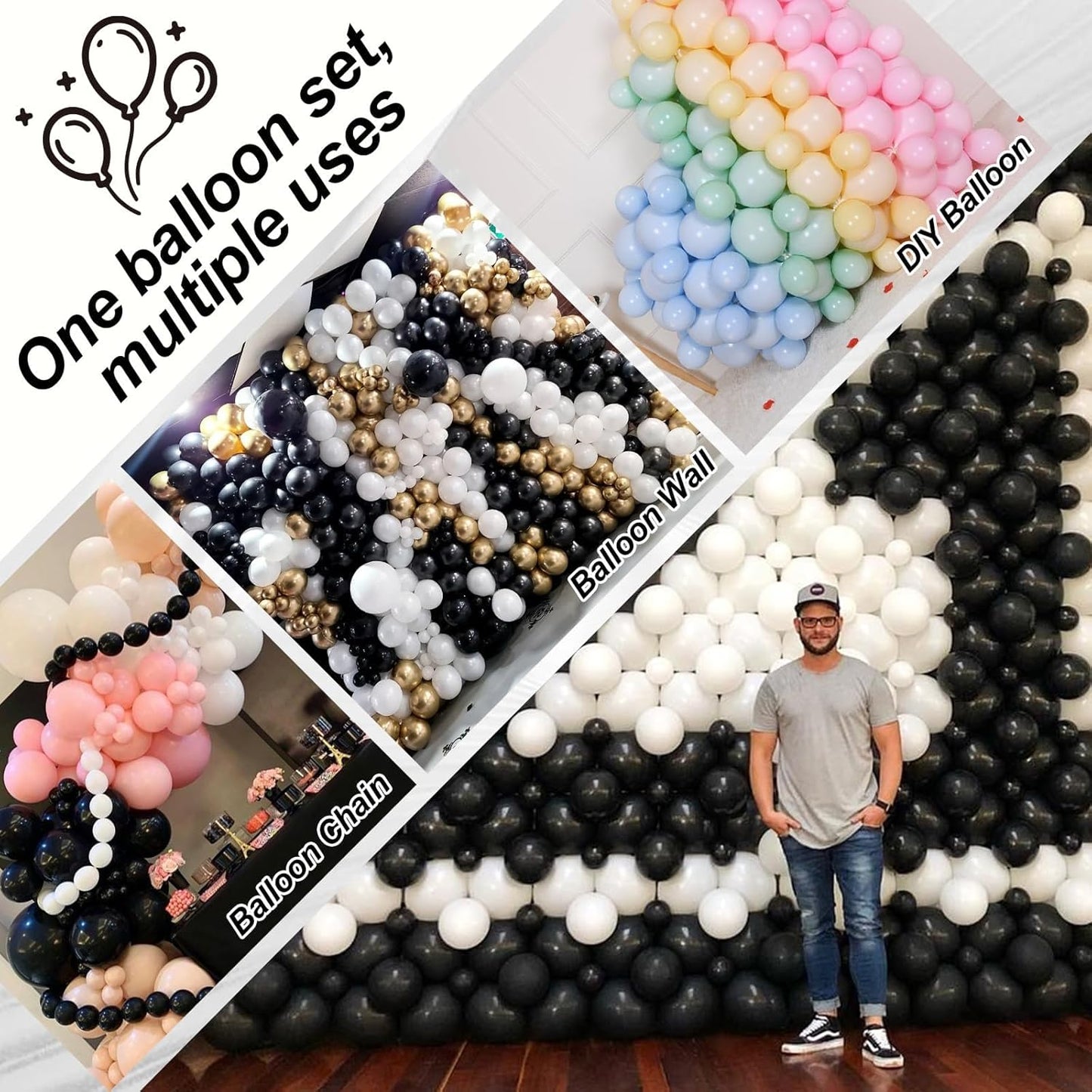 Black Linking Balloons, 100PCS Linked Balloon with Tail for Balloon Wall Arch and Chains, Quick Linkable Balloons for Wedding Birthday Baby Shower Engagement Graduation Party Decorations (10inch)