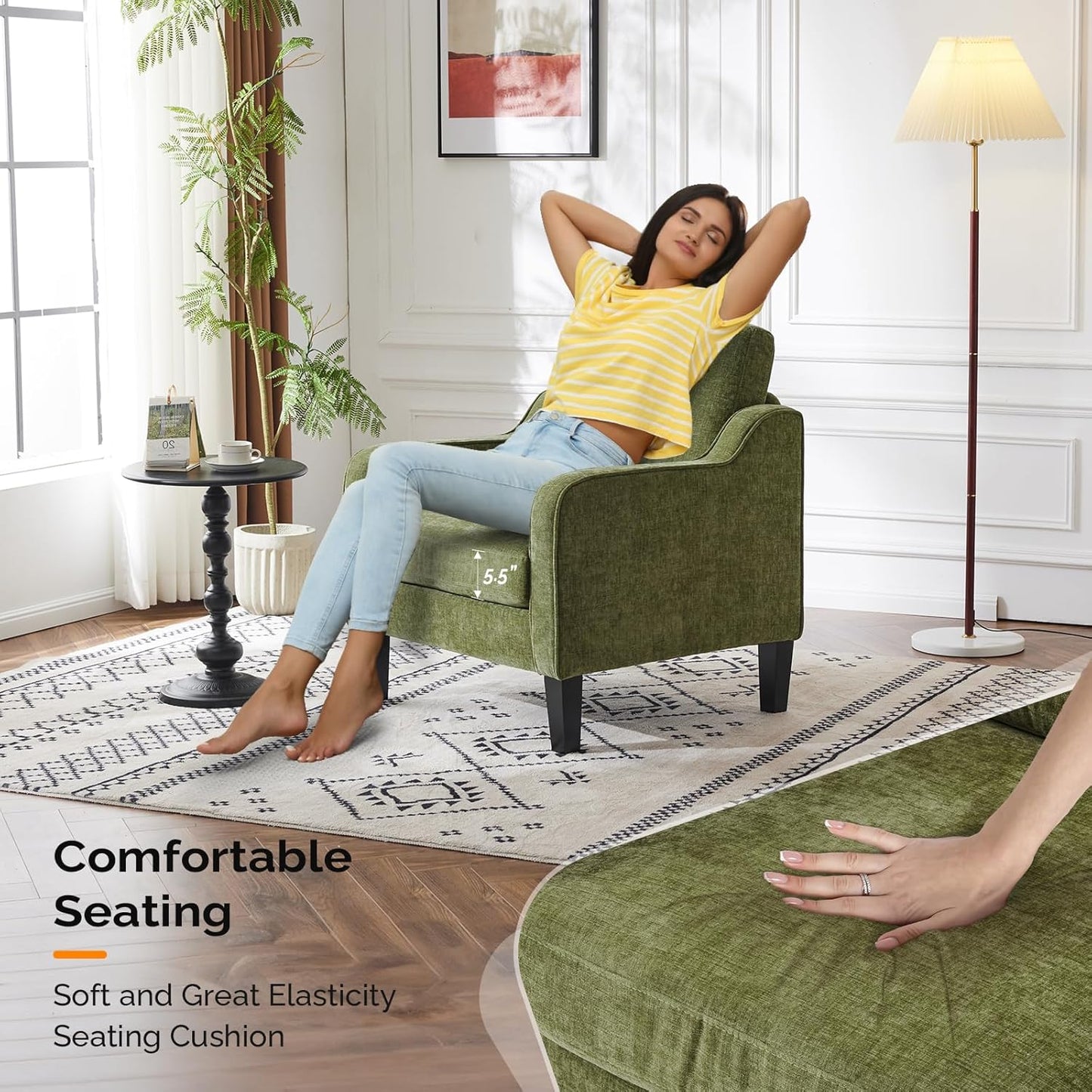 VINGLI Accent Chairs Set of 2 Living Room Chairs Olive Green Reading Chair for Bedroom Scooped Arm Chair Mid Century Modern Accent Chairs Upholstered Comfy Chair for Apartment, Waiting Room