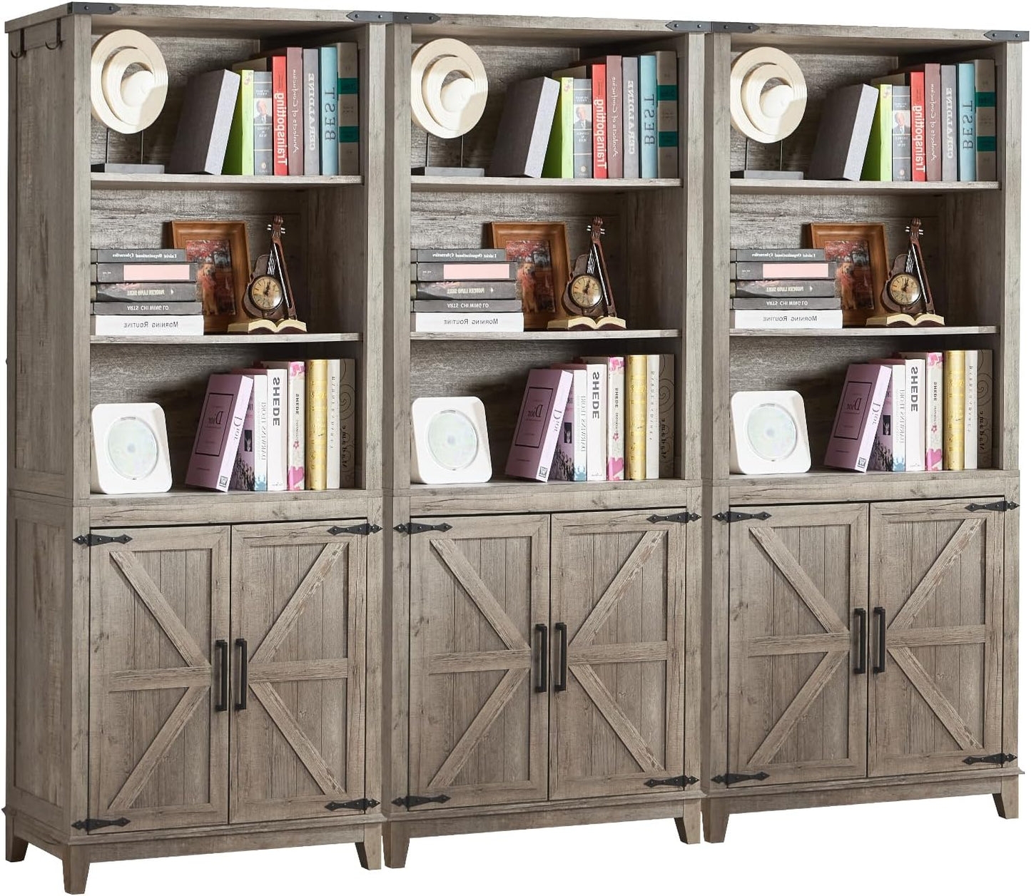 5 Tier Bookshelf 70in Tall Bookcase with Barn Doors and Storage Cabinet, Grey Farmhouse Book Shelf with Adjustable Shelves, Wood Freestanding Display Bookshelves for Bedroom, Kitchen (3PCS)
