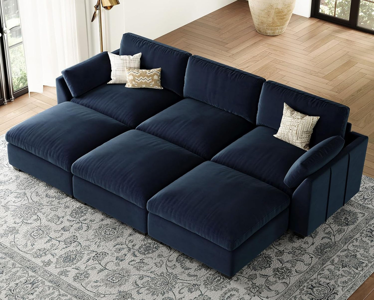Belffin Sectional Couches for Living Room,106.3" 6-Seater Sleeper Sofa Bed,Extra Deep Seat Velvet Cloud Couch with Ottoman,Modular Sectional Sofa with Washable Covers,Blue
