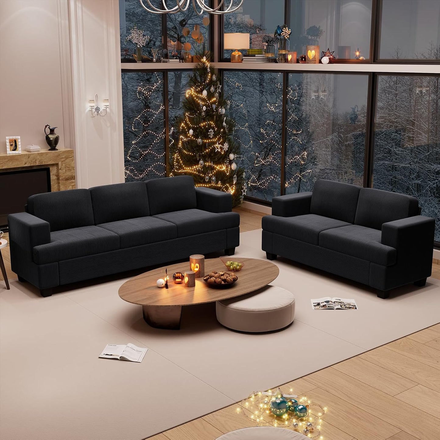 2 Pieces Corduroy Couch Set for Living Room, Black Cloud Sofa, Deep Seat Floor Couch for Bedroom, Futon Modern Sofa Sectional Bed, Black Corduroy