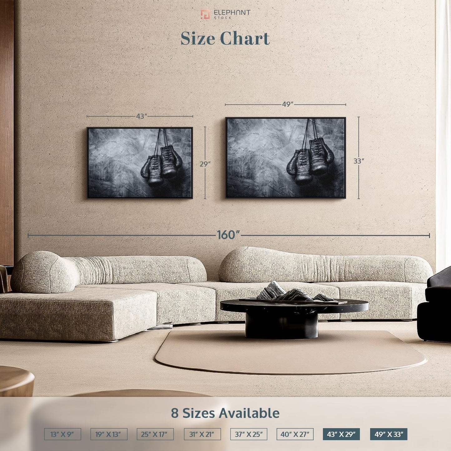 ElephantStock Boxing Gloves Wall Art - Horizontal Framed Canvas - 1-Piece Living Room Wall Decor - Photography Sports Canvas Print - Black and Gray Decor for Wall - 43" X 29"