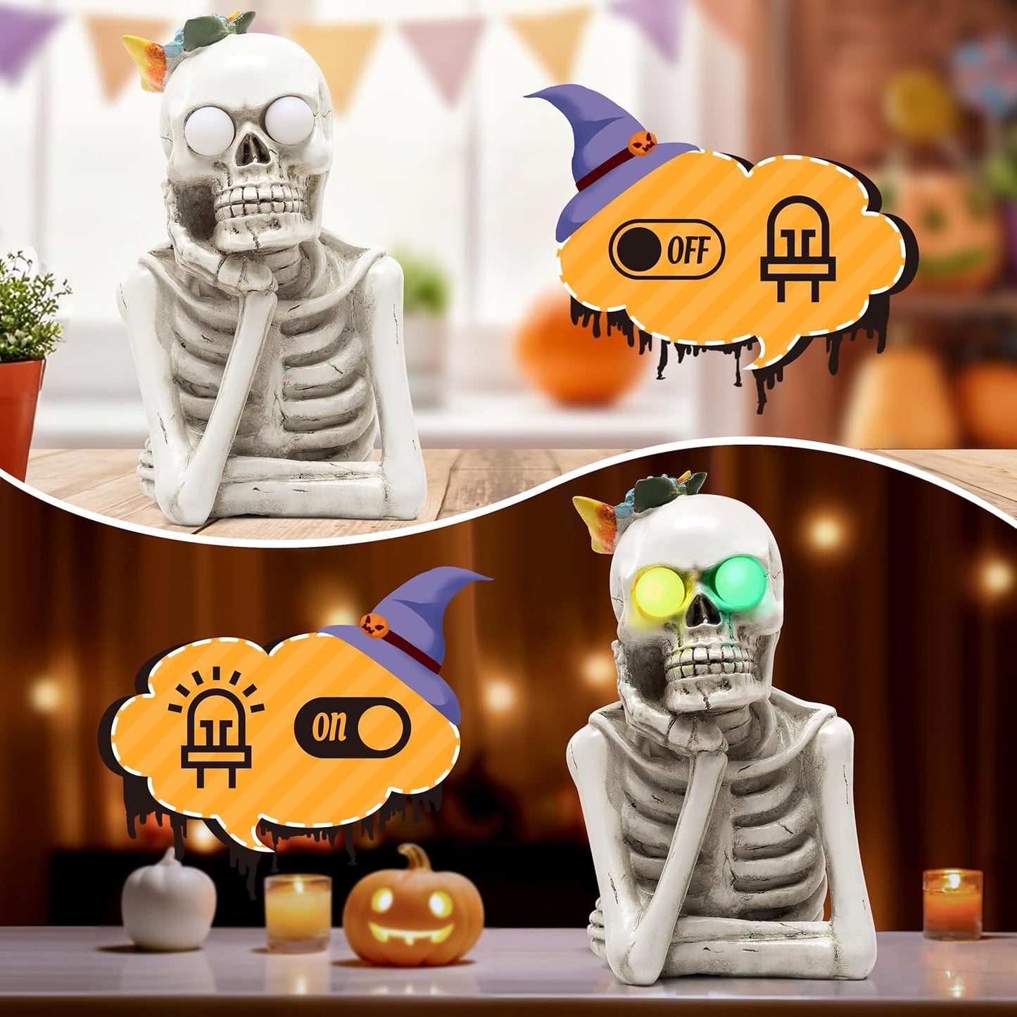 Halloween Skeleton Light Statue, Scary Resin Skull Figurines with Light Up Eyes Decorations for Home Table Kitchen Party Battery Operated Skull Lighting Changes Decor